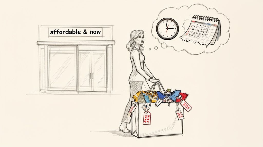 Illustration of a woman with shopping bags from an 'affordable & now' store, contemplating time and a calendar.