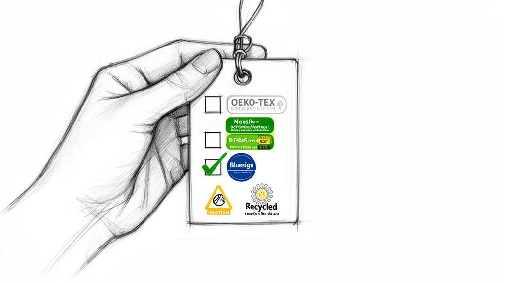 A sketched hand holds a checklist card featuring textile certifications like Bluesign and OEKO-TEX, plus caution and recycled symbols.