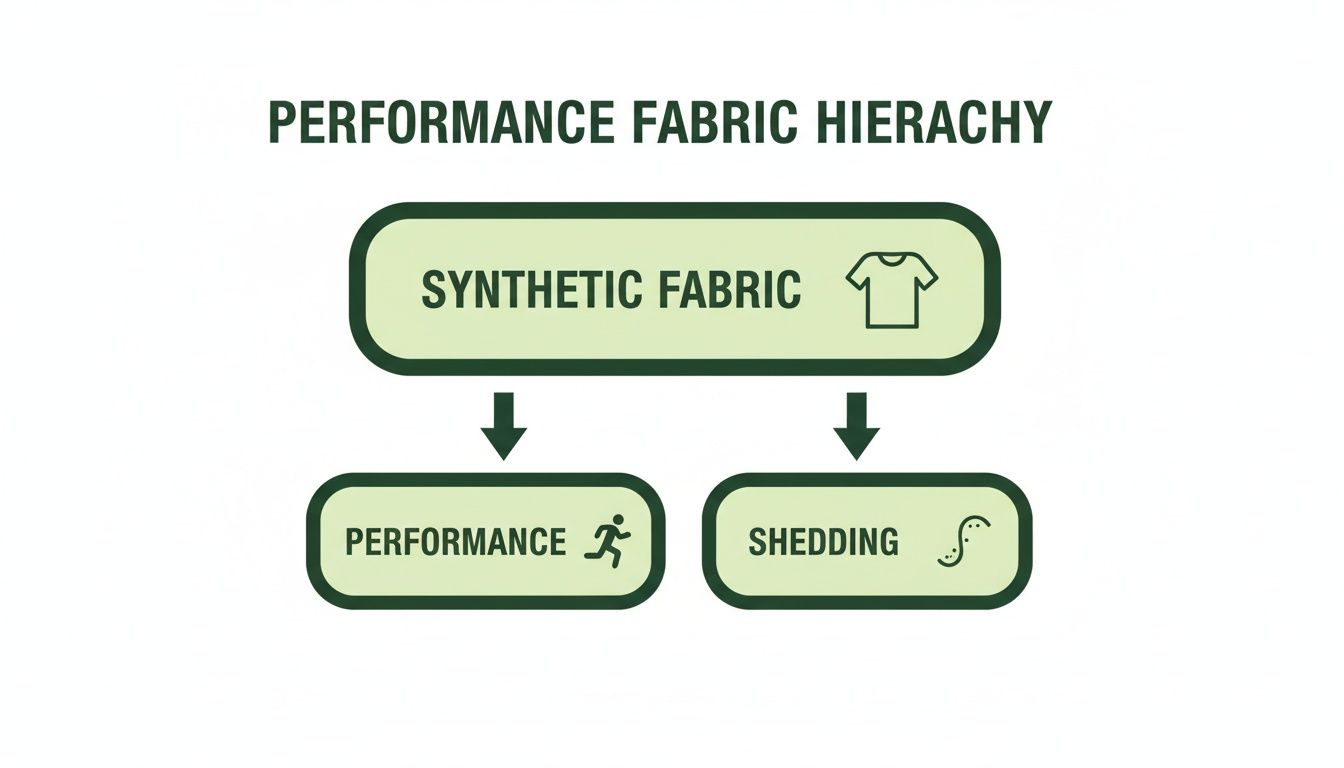 A diagram showing the performance fabric hierarchy: synthetic fabric leads to performance and shedding.
