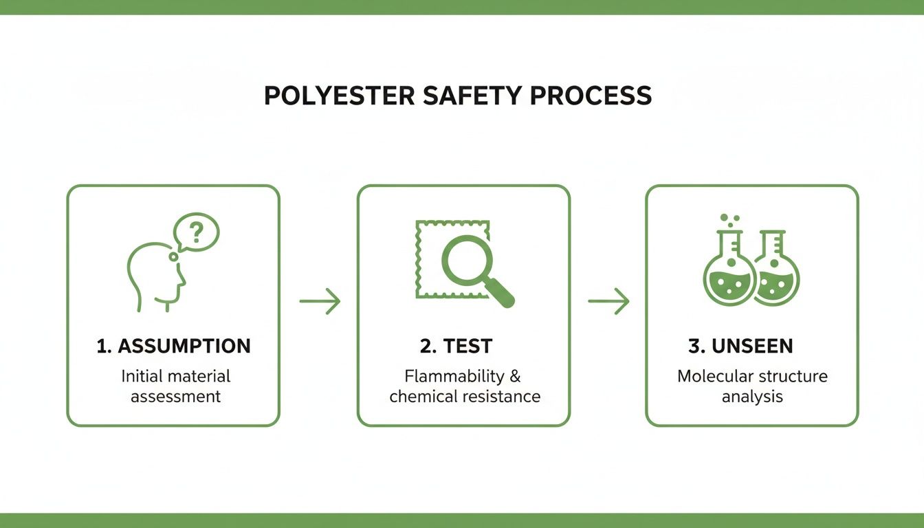 A diagram outlining the Polyester Safety Process with three steps: Assumption, Test, and Unseen analysis.