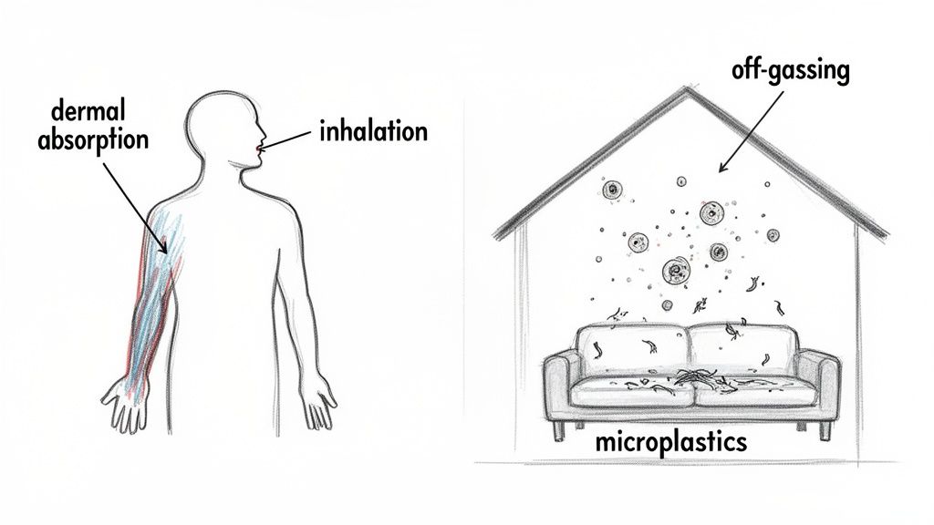 Illustration showing human exposure to toxic chemicals via dermal absorption, inhalation, and off-gassing microplastics from a sofa.