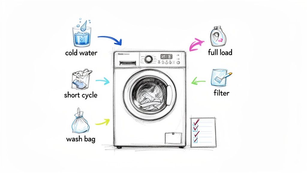 Illustration of a washing machine surrounded by tips for eco-friendly laundry, including cold water and wash bag.