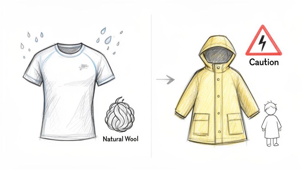 A diagram compares a wet natural wool t-shirt with a child in a yellow raincoat and a caution sign.