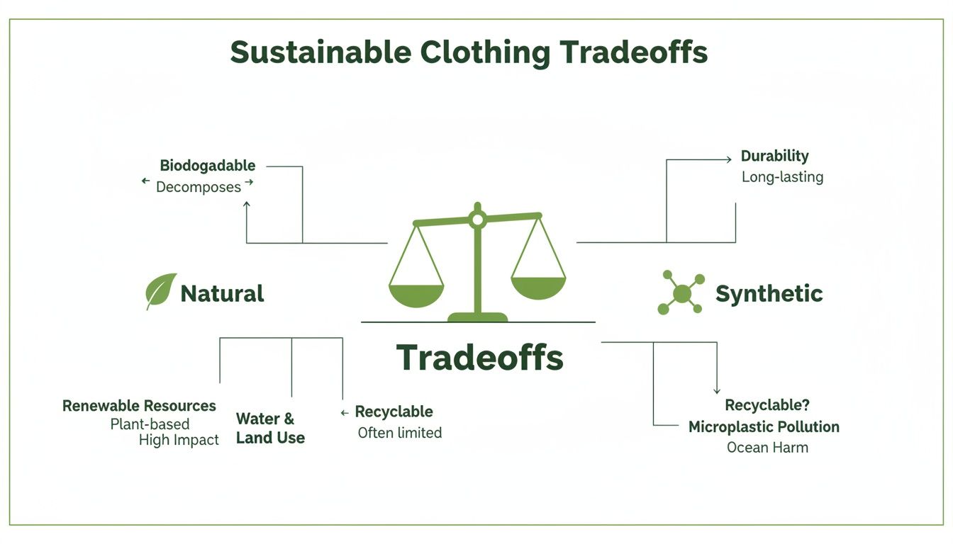 Diagram illustrating sustainable clothing tradeoffs between natural and synthetic materials, highlighting their environmental impacts.