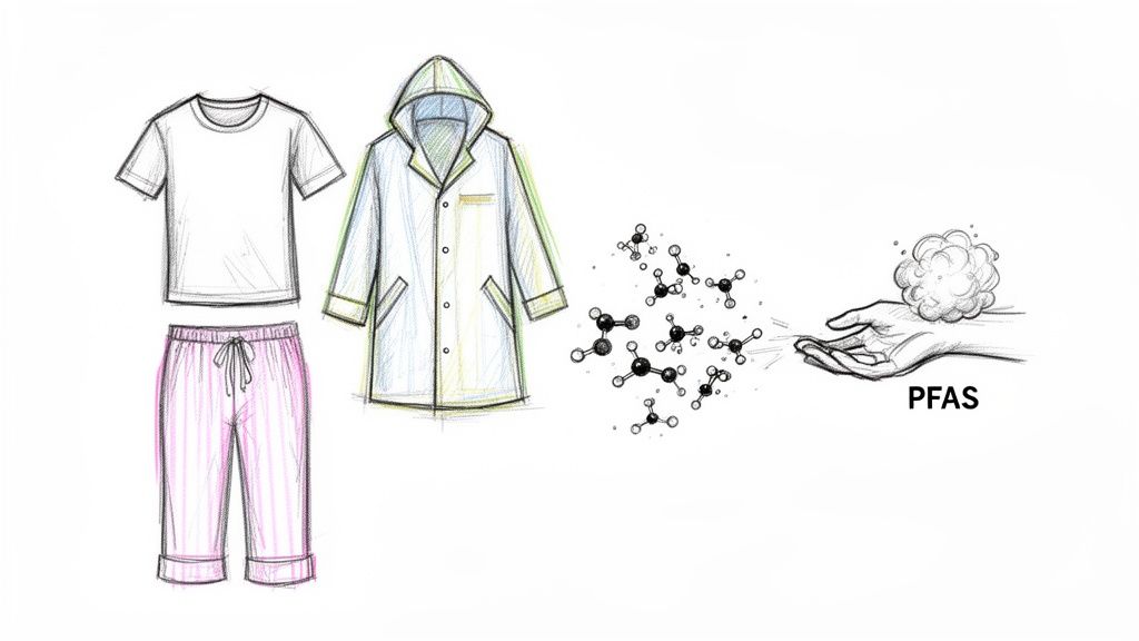 Illustration of a t-shirt, pants, a raincoat, chemical molecules, and a hand with PFAS, indicating chemical presence in textiles.