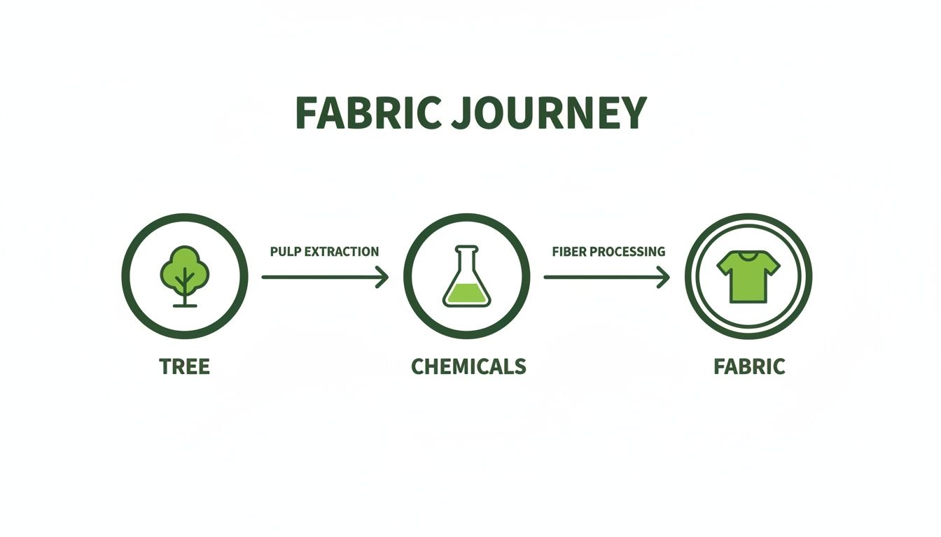 Diagram showing the journey from tree to fabric, through pulp extraction and chemical processing.