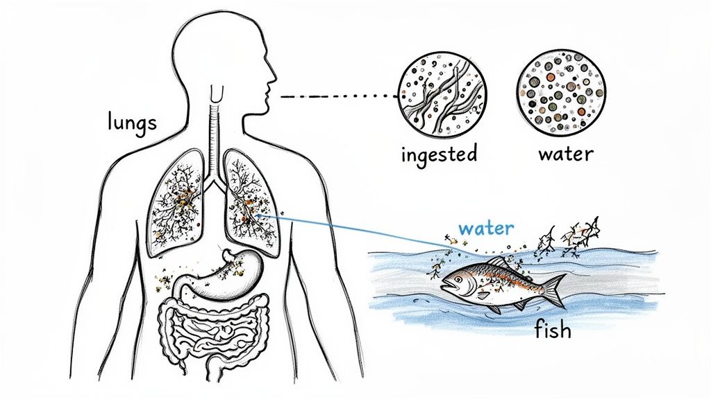 Diagram illustrating microplastic accumulation in human lungs, stomach, and intestines, linked to ingested particles and contaminated water with fish.