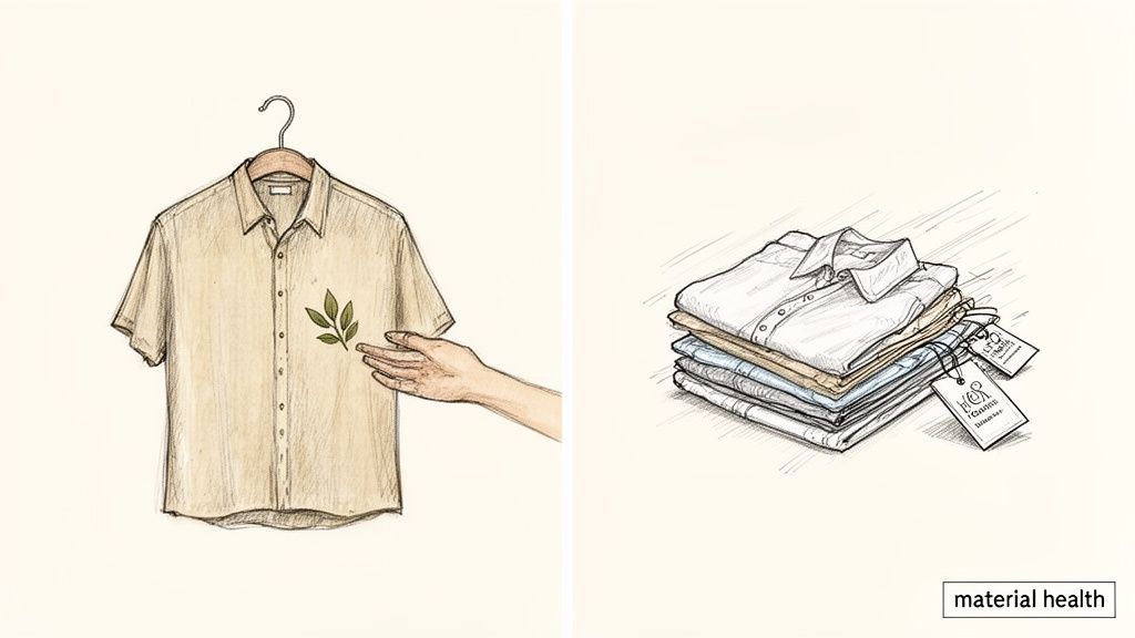 An illustration showing a beige shirt with a green leaf on one side and a stack of folded shirts with 'material health' text on the other.