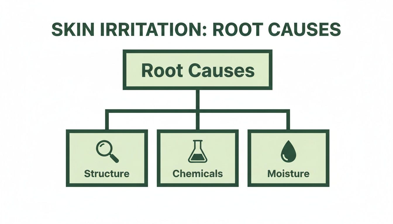 Flowchart showing skin irritation root causes: structure, chemicals, and moisture with icons.