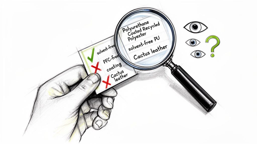 A hand scrutinizes eco-friendly material labels, like 'Cactus leather,' with a magnifying glass and a question mark.
