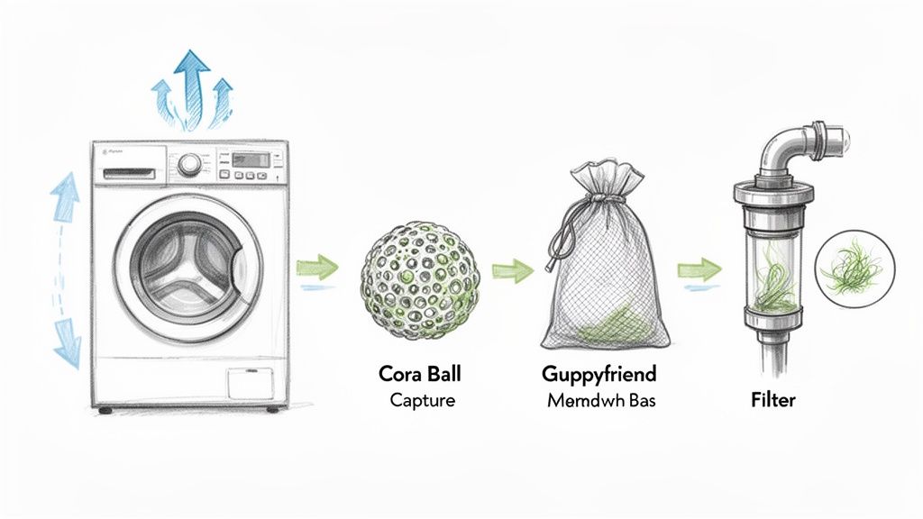 Diagram illustrating methods to capture microfibers and microplastics from laundry, including a washing machine, Cora Ball, Guppyfriend bag, and a filter.