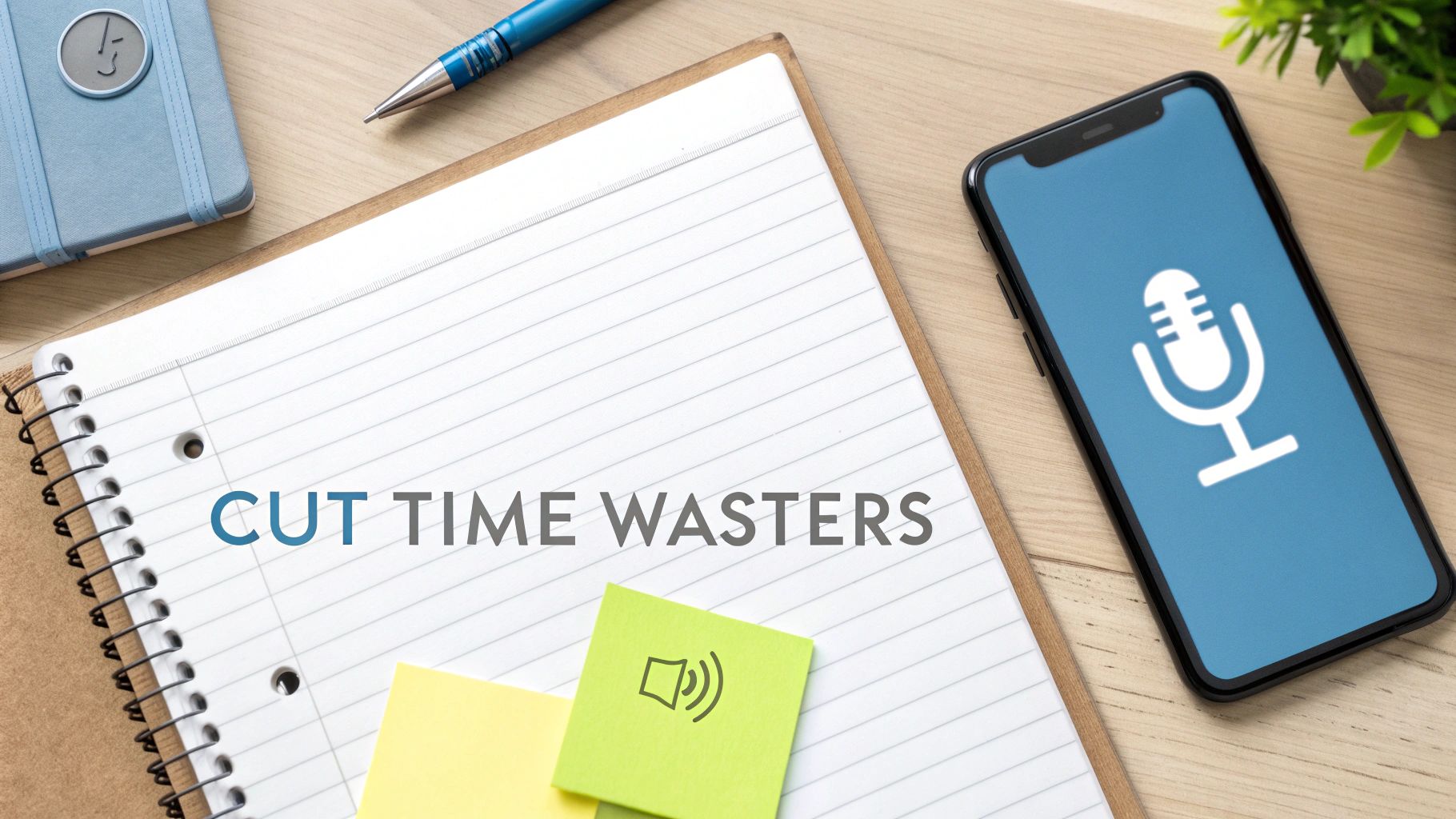 Overhead view of a workspace with a notebook, pen, phone showing a microphone, and sticky notes urging to 'CUT TIME WASTERS'.