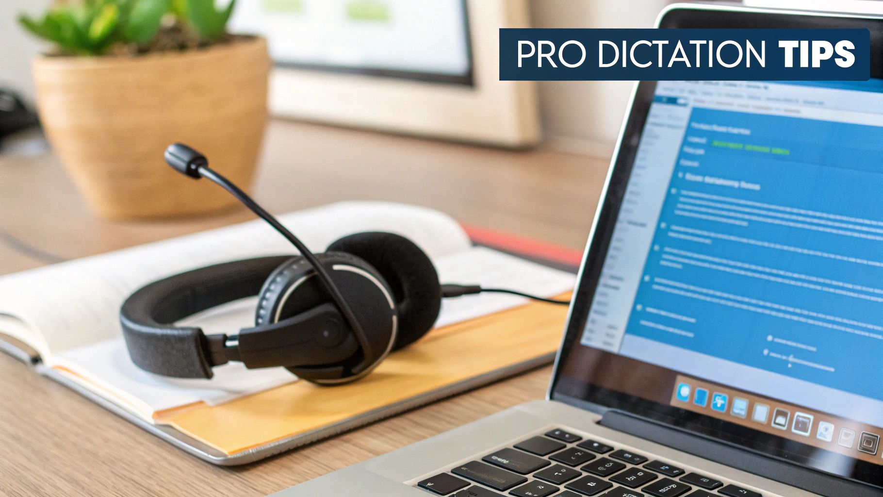 A person using a headset with a microphone while dictating in Word, showing a clear audio setup.