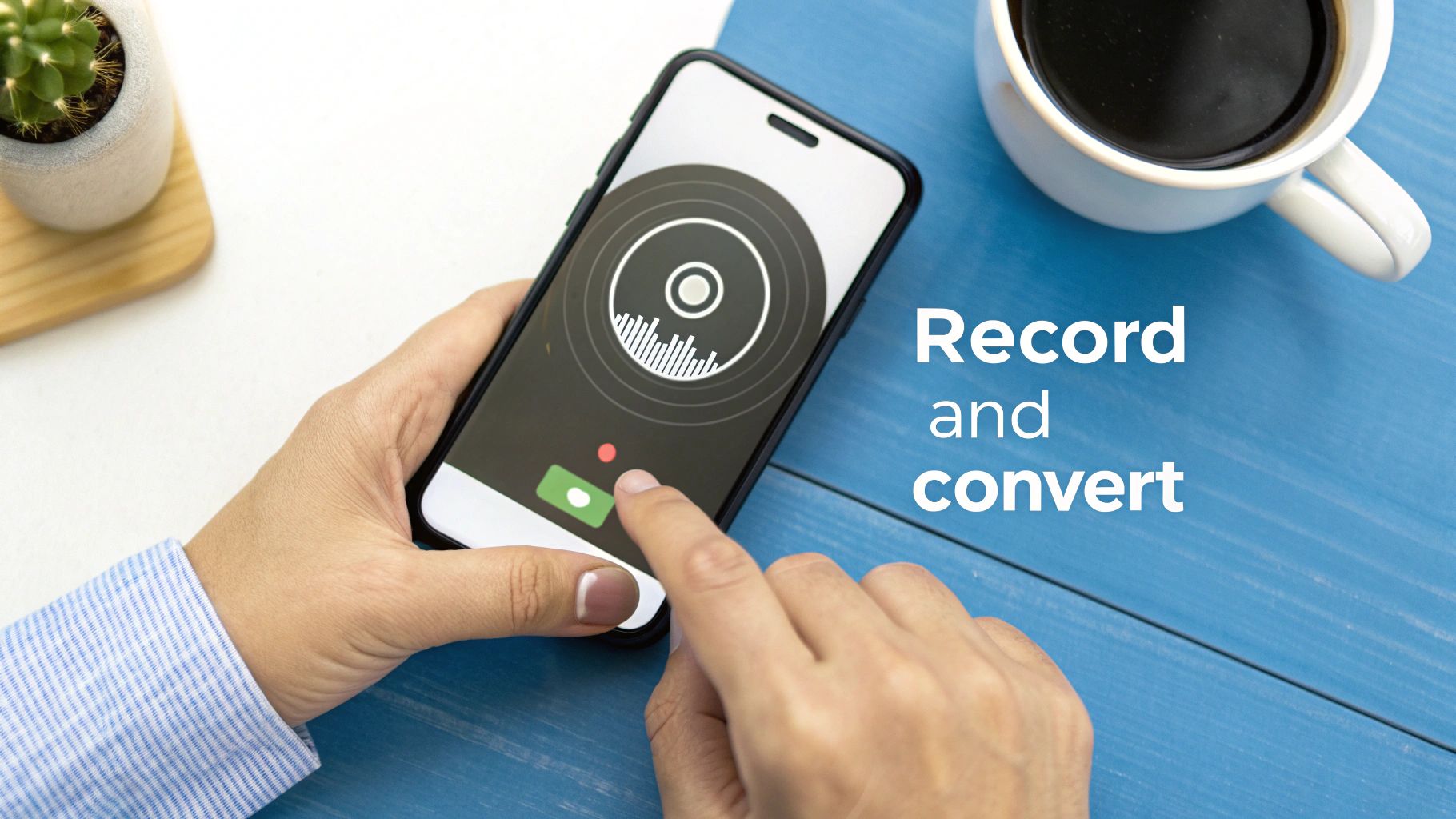 Person holding a smartphone with a voice recording app, next to coffee and a small cactus.