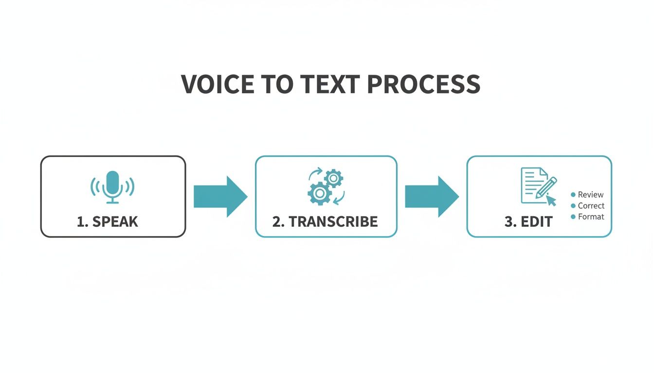 A flowchart illustrates the three-step voice to text process: Speak, Transcribe, and Edit.