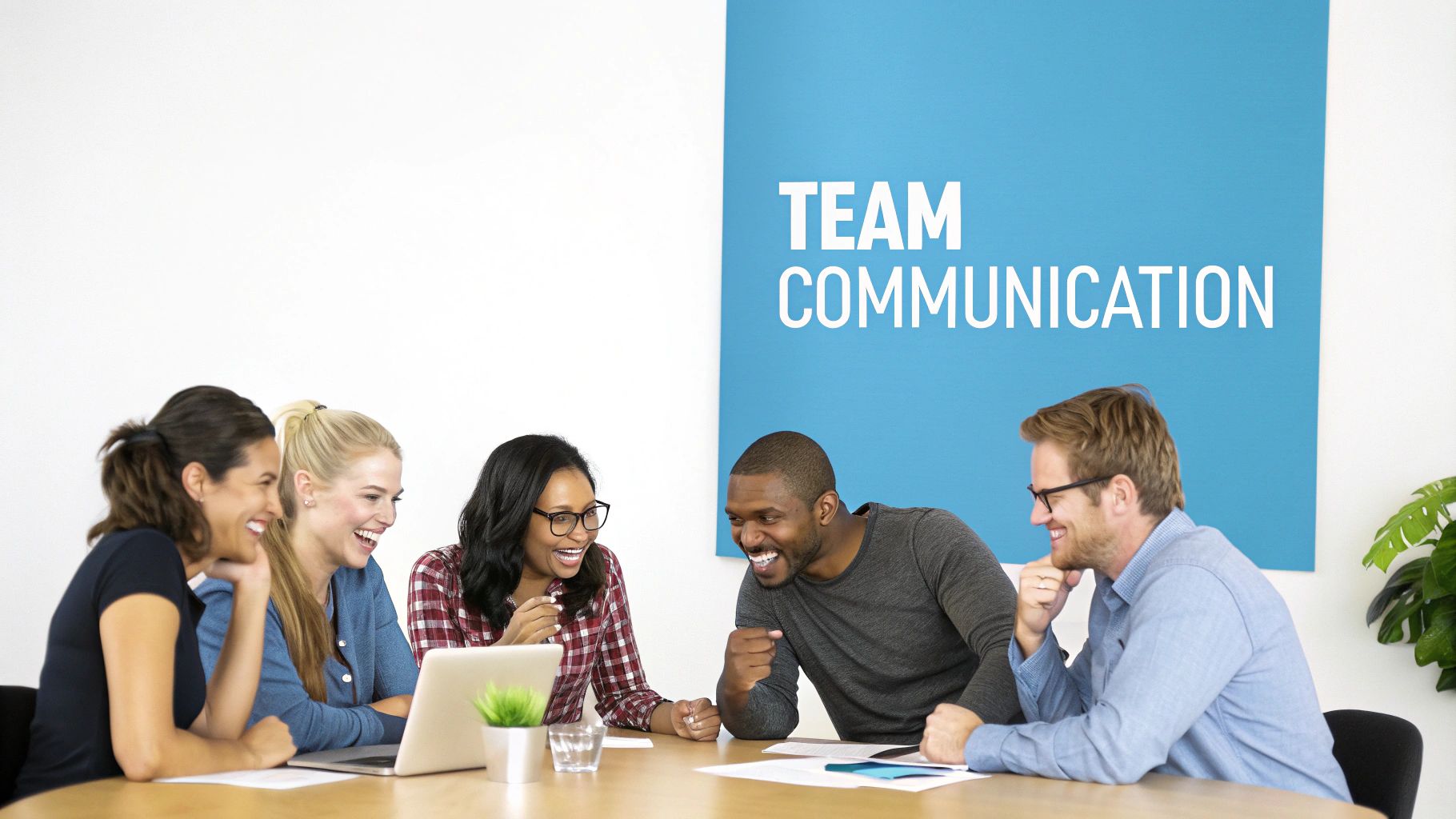 Five diverse colleagues laughing during a team communication meeting around a table with a laptop.