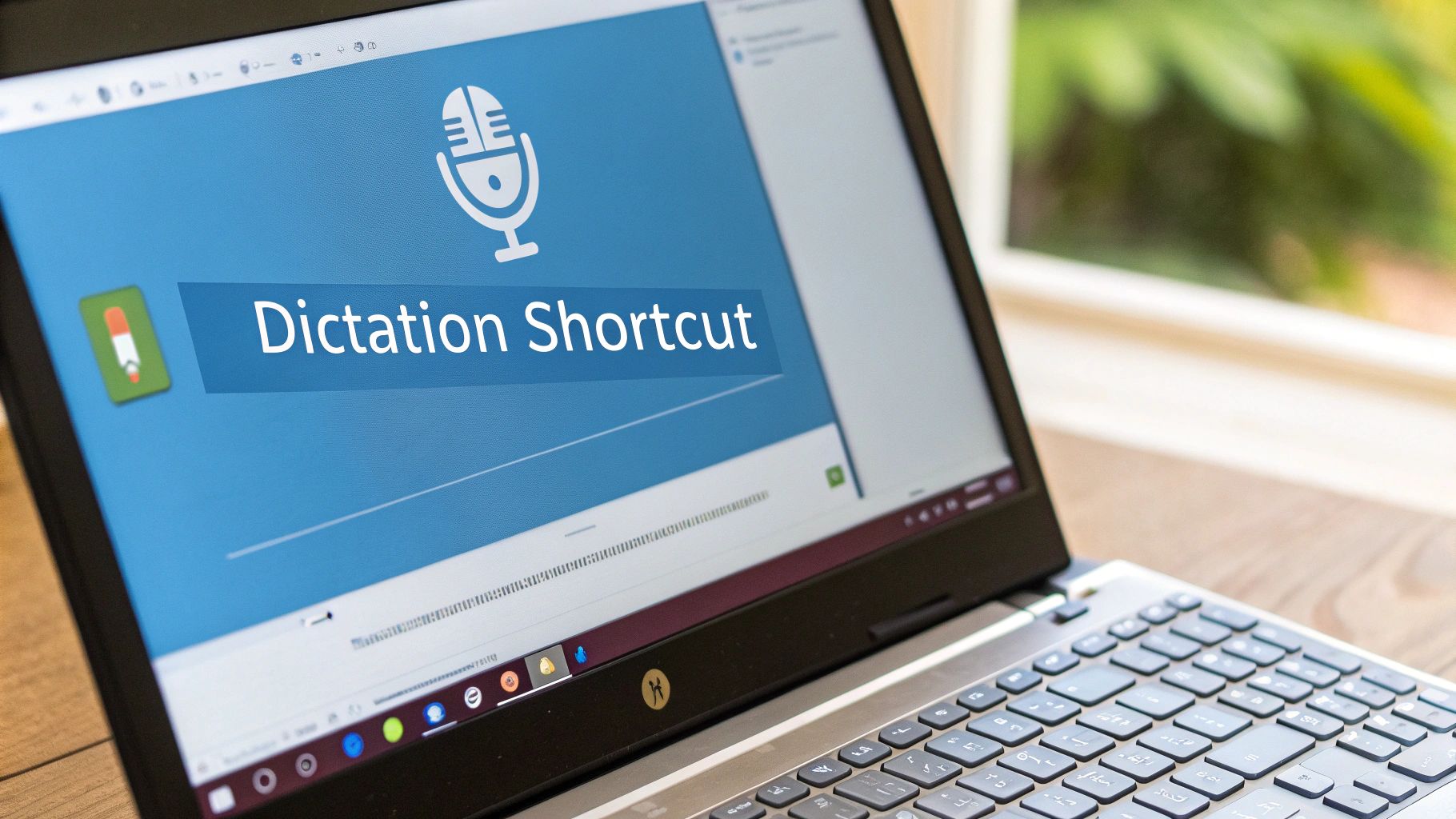 A Windows PC screen showing the voice dictation toolbar with a microphone icon.