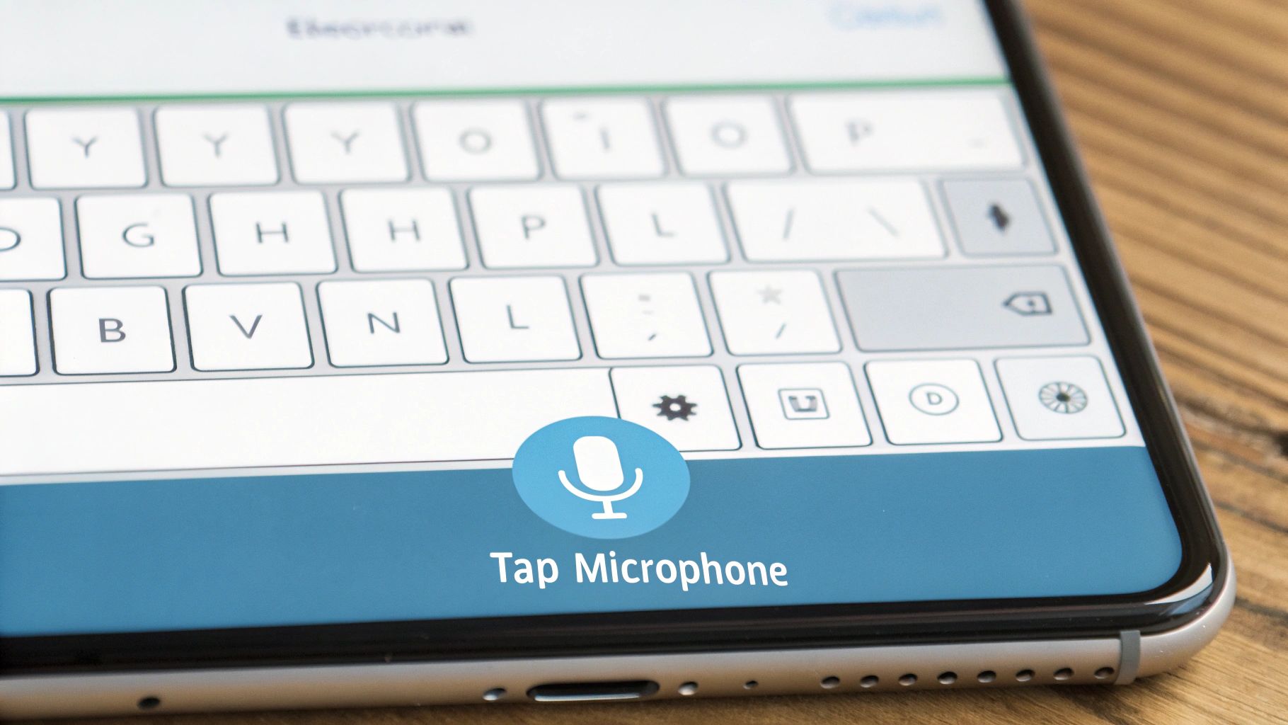 A smartphone screen displays a keyboard and a large "Tap Microphone" button for voice dictation.