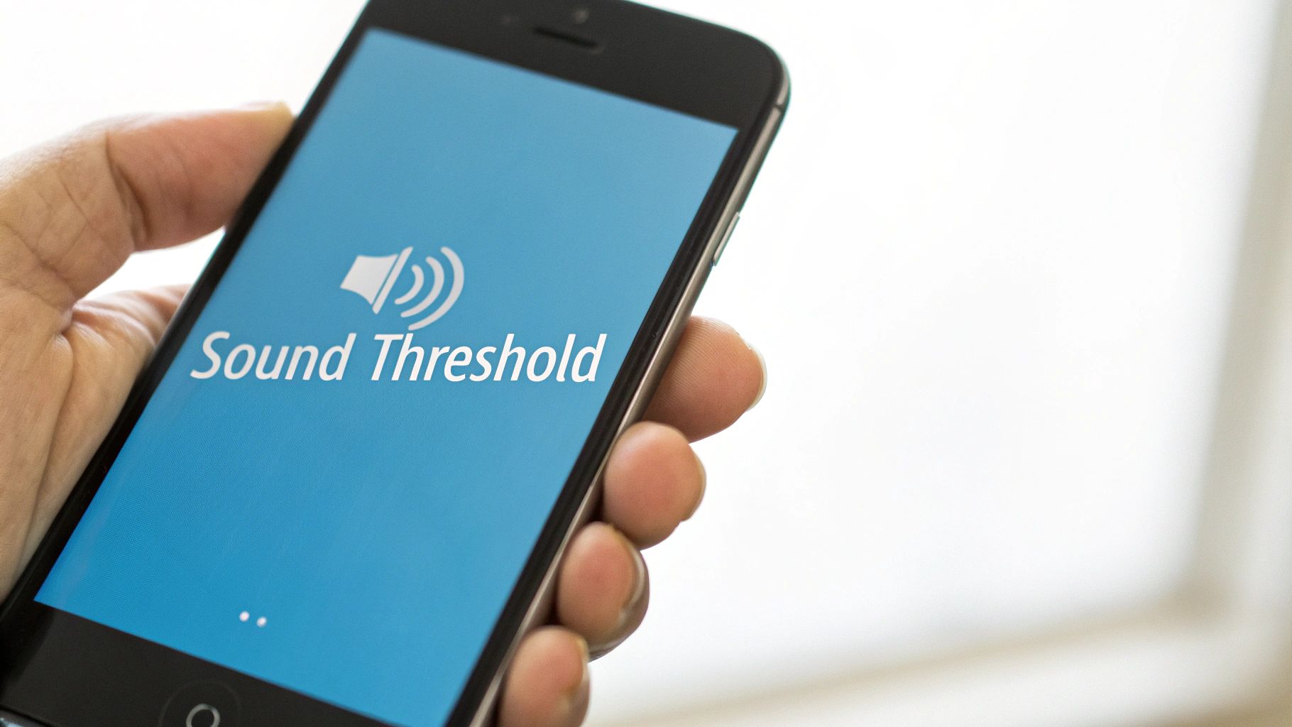 A hand holds a smartphone displaying a 'Sound Threshold' app with a speaker icon.