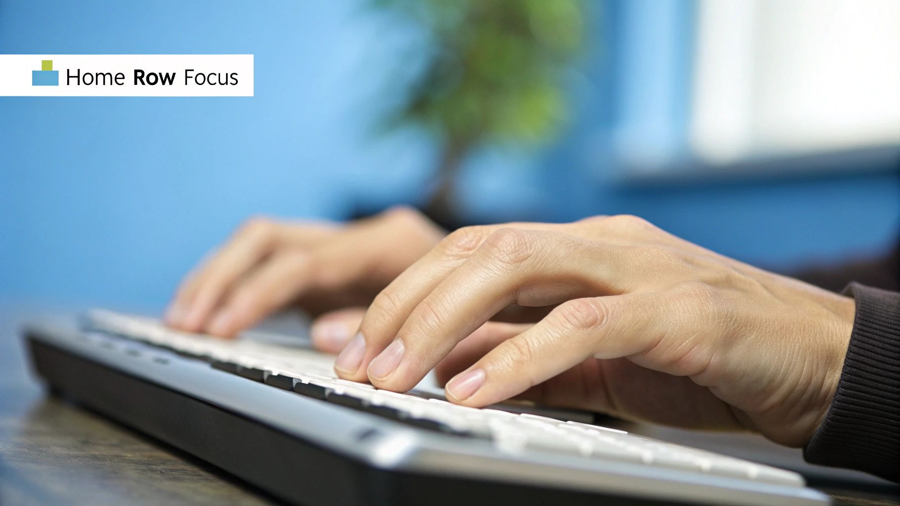 Laptop on a desk with hands typing, next to a notebook and pen, showing a focused practice session.