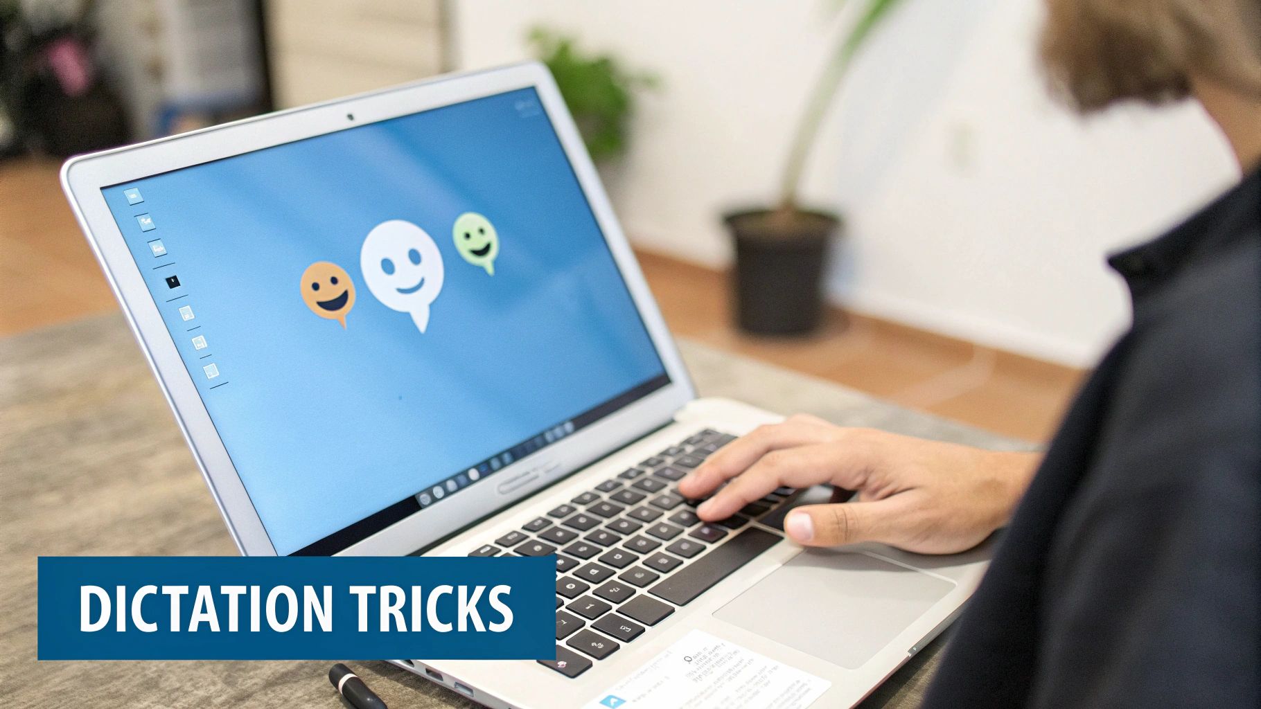 A person's hand on a silver MacBook keyboard with chat emojis on screen and 'DICTATION TRICKS' banner.