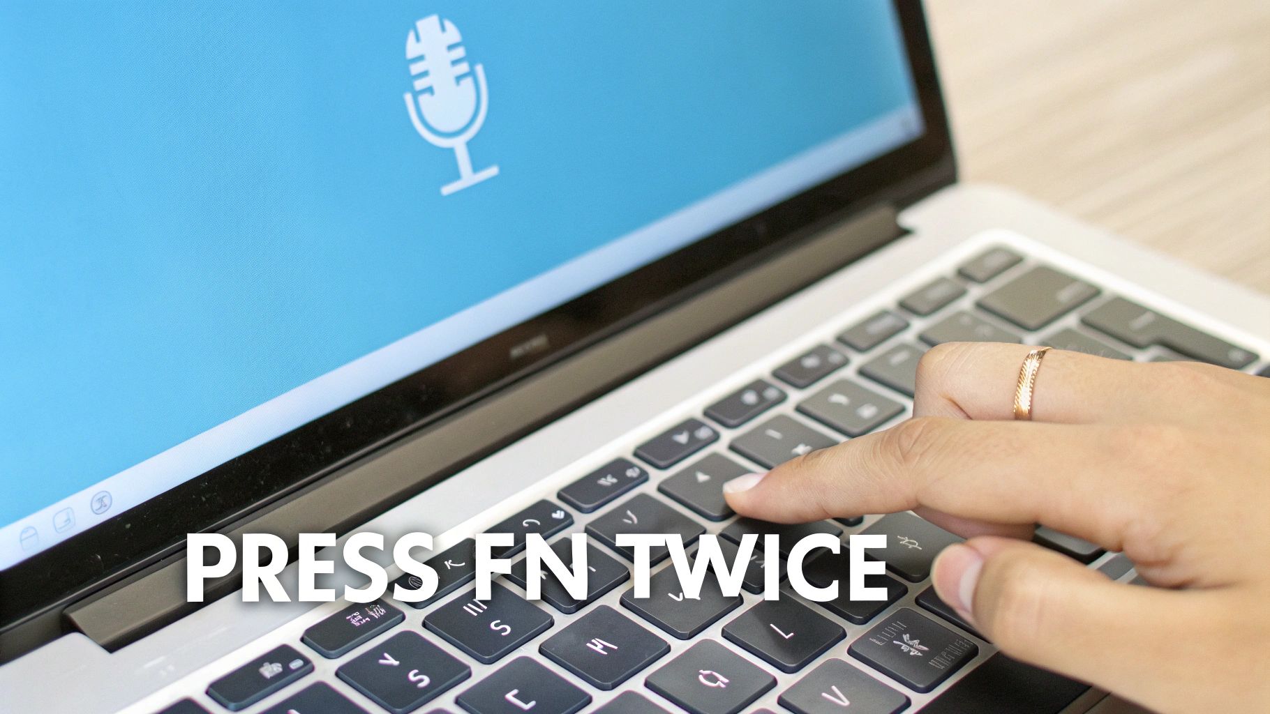 A hand presses a key on a laptop keyboard with a microphone icon on the screen. Text overlay says 'PRESS FN TWICE'.