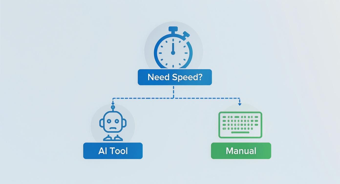 A decision flowchart for speed, presenting options: an AI tool (robot icon) or a manual method (keyboard icon).