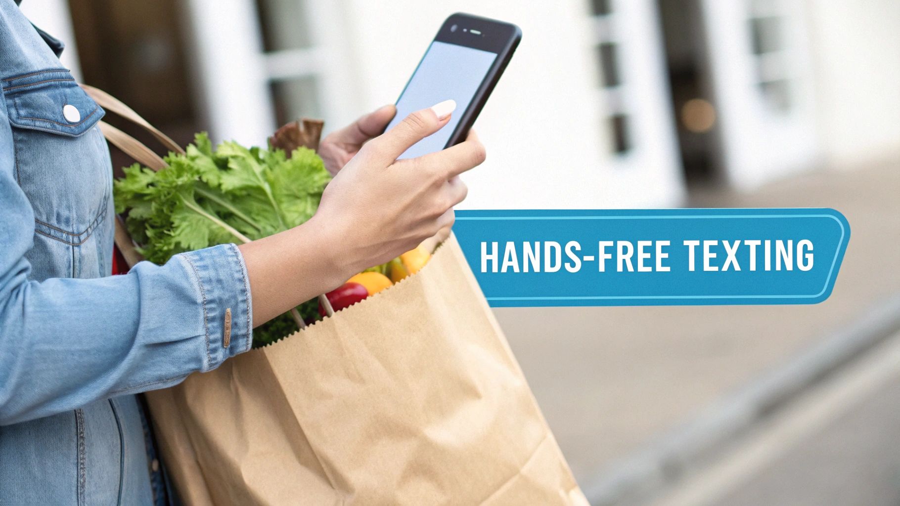 A person wearing denim holds a smartphone and a grocery bag, with a 'Hands-Free Texting' banner.