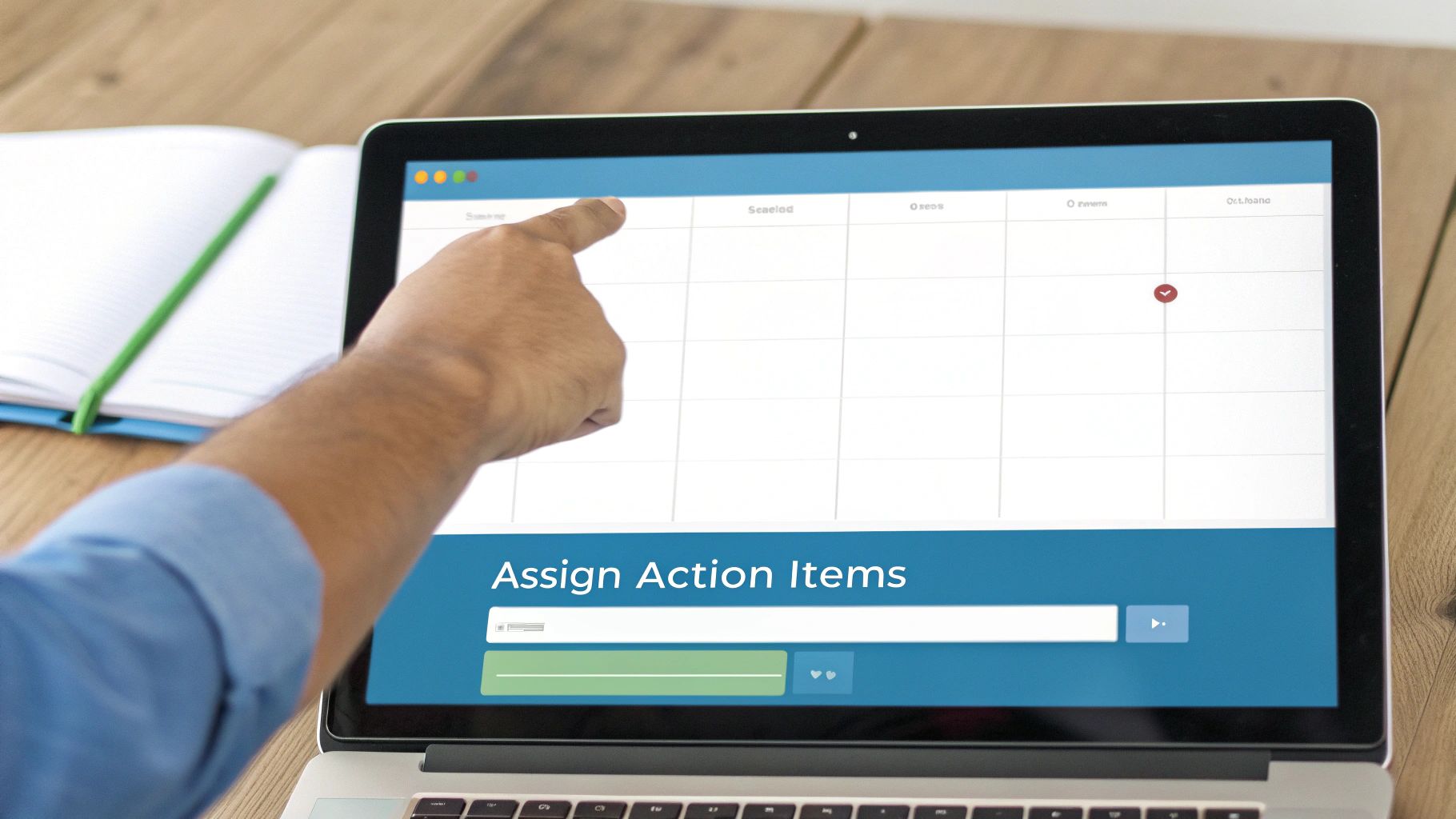 A person's hand points at a laptop screen showing a calendar and "Assign Action Items" interface.