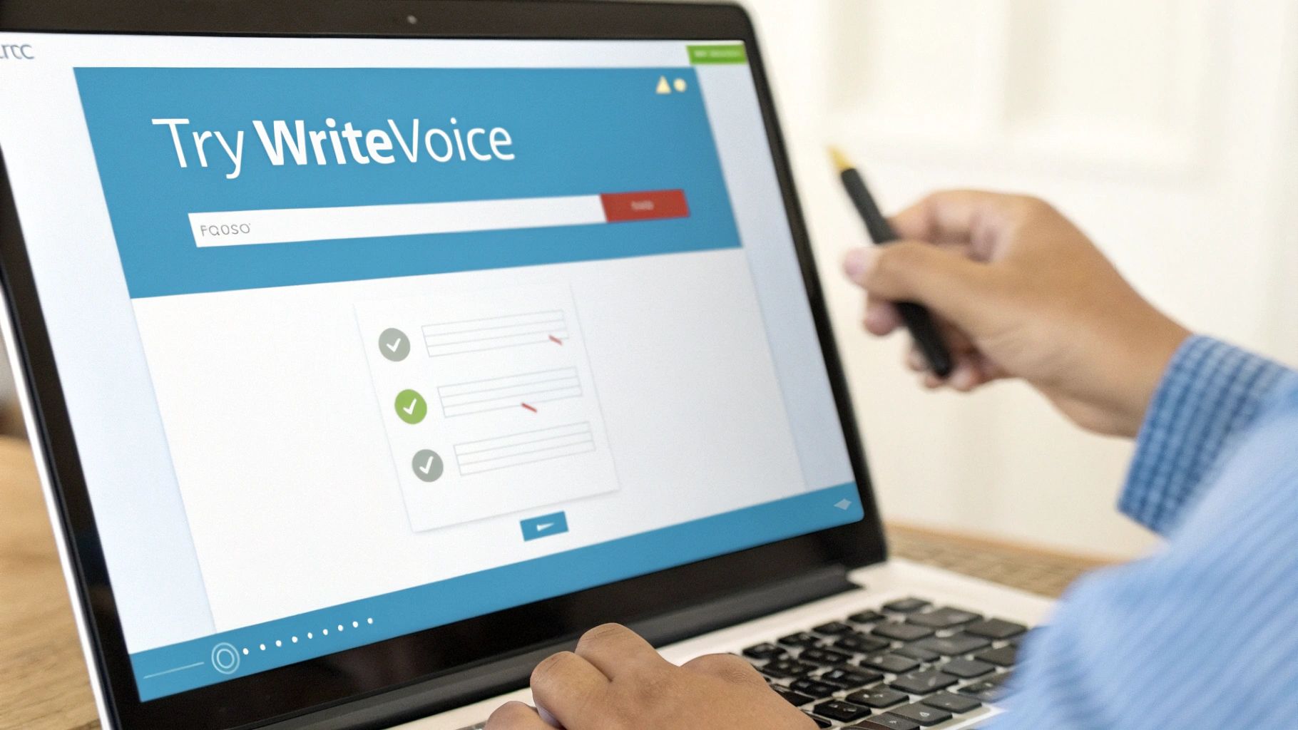 A sleek laptop screen showing the WriteVoice transcription interface, with an audio waveform being converted into text in real-time.