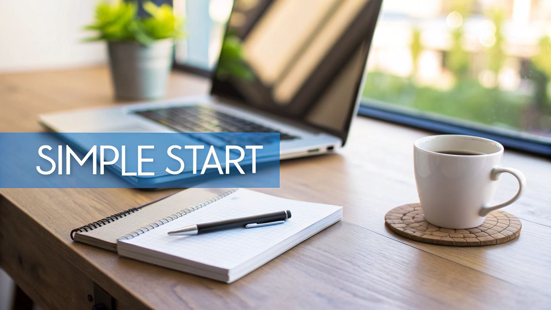 A desk setup with a laptop, notebook, coffee, and a plant, featuring a 'SIMPLE START' banner.