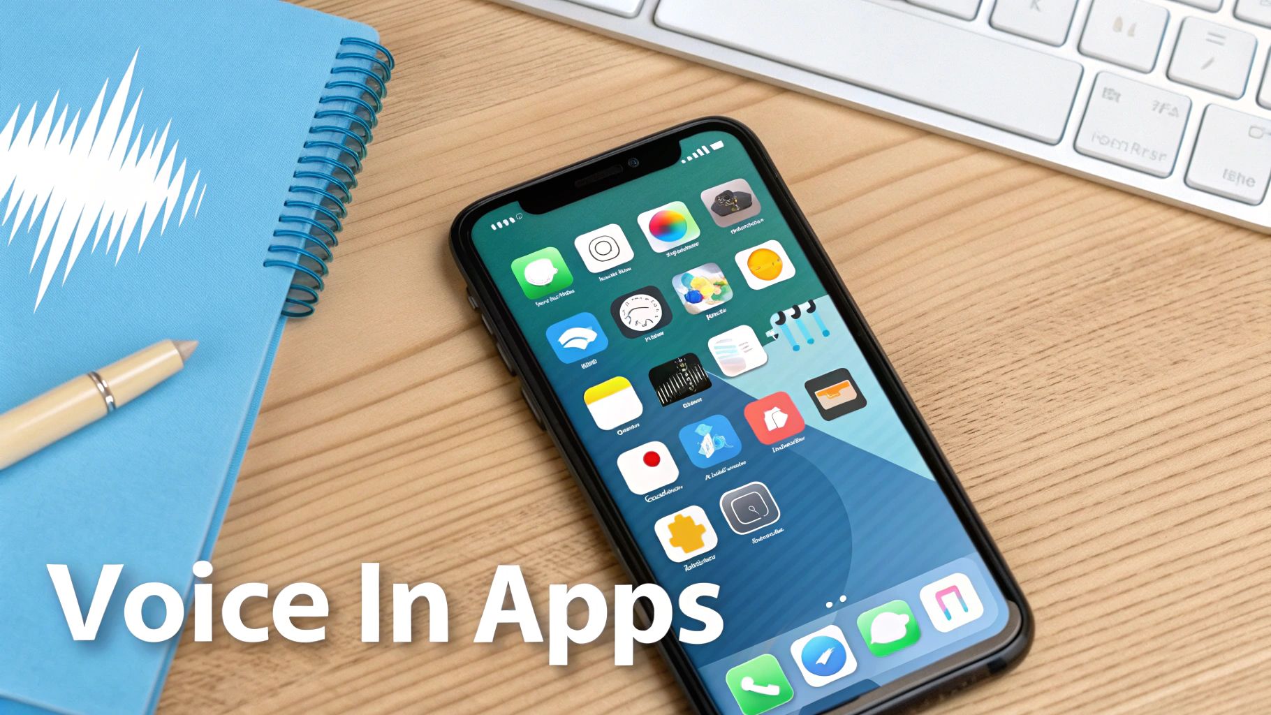 A smartphone with apps, a notebook with a voice wave graphic, a pen, and the text 'Voice In Apps'.