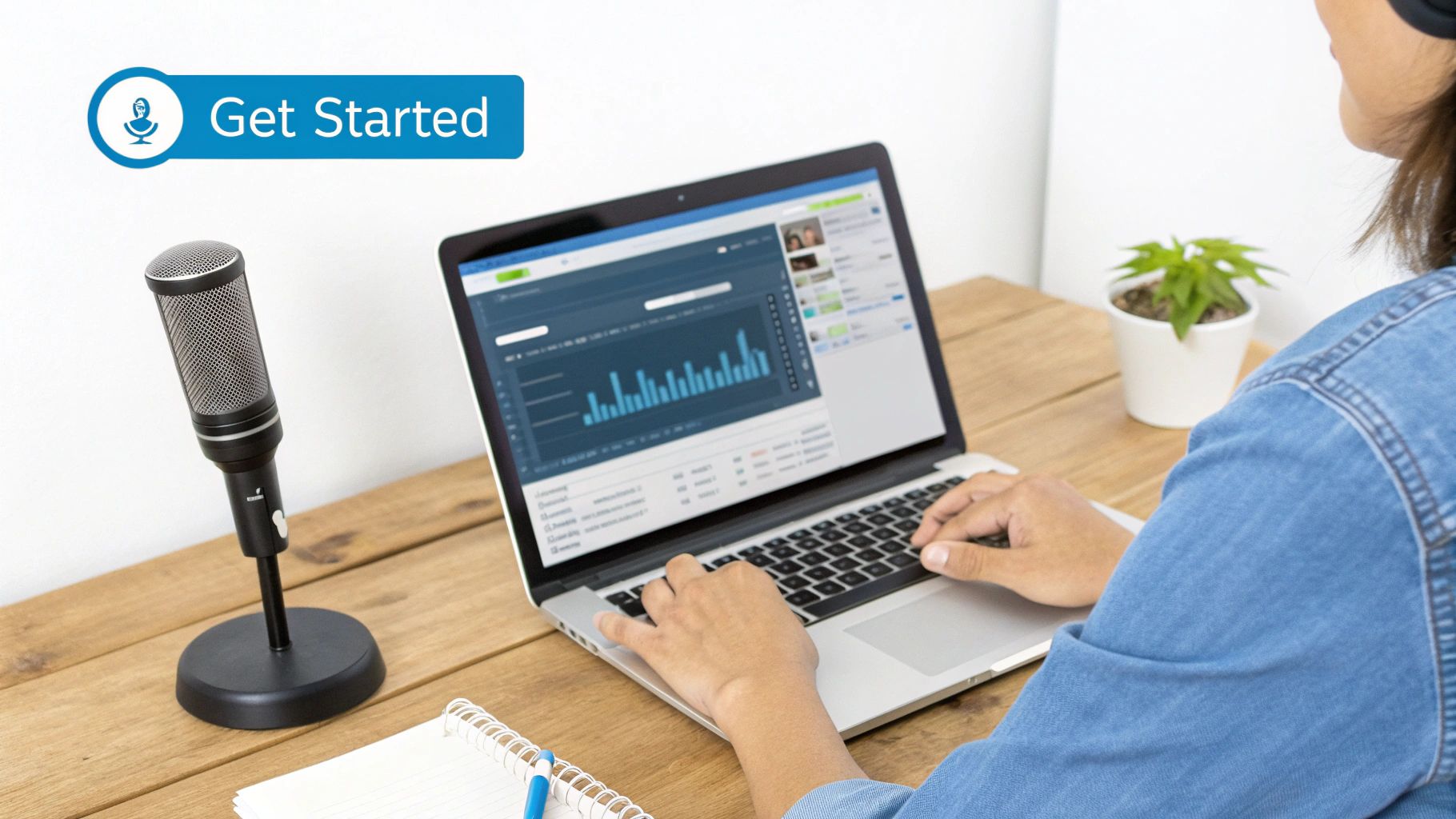 A person speaking into a microphone, with sound waves transforming into written text on a laptop screen.