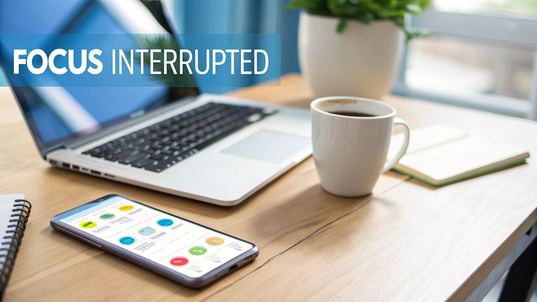 A wooden desk with a laptop, smartphone, coffee, and a notebook, featuring 'FOCUS INTERRUPTED' text.