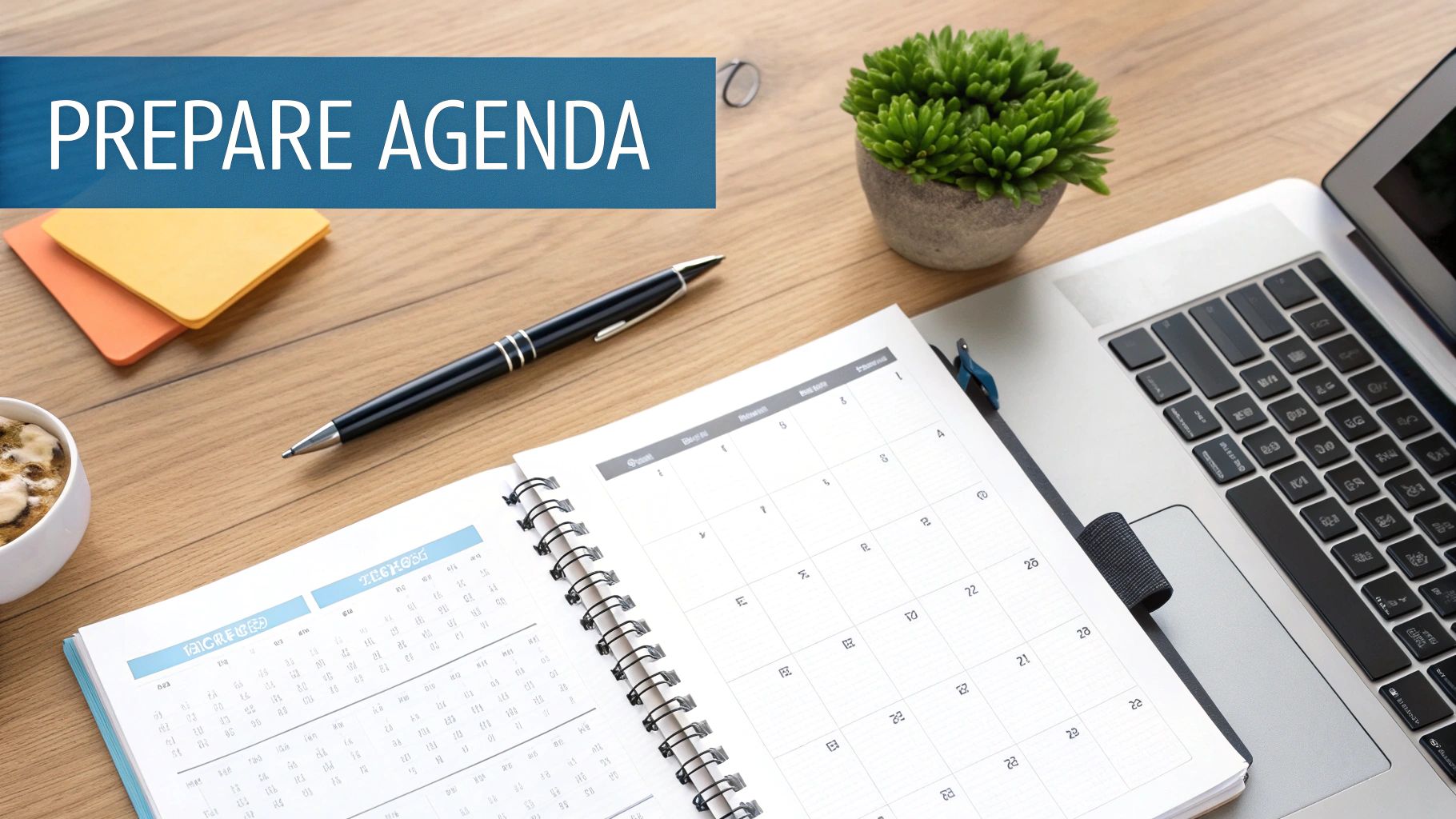 A desk with an open planner, laptop, pen, plant, and a banner reading 'PREPARE AGENDA'.