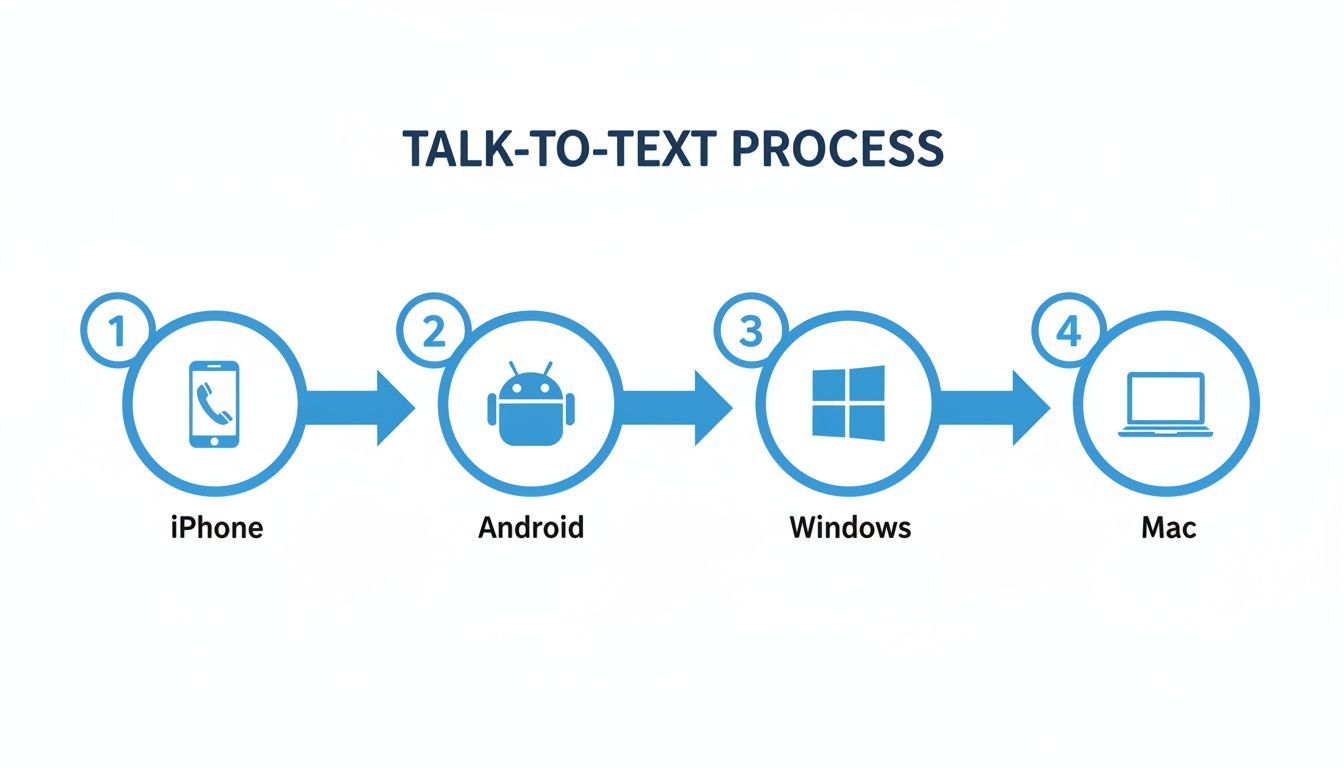 Flowchart illustrating the talk-to-text process across iPhone, Android, Windows, and Mac devices.