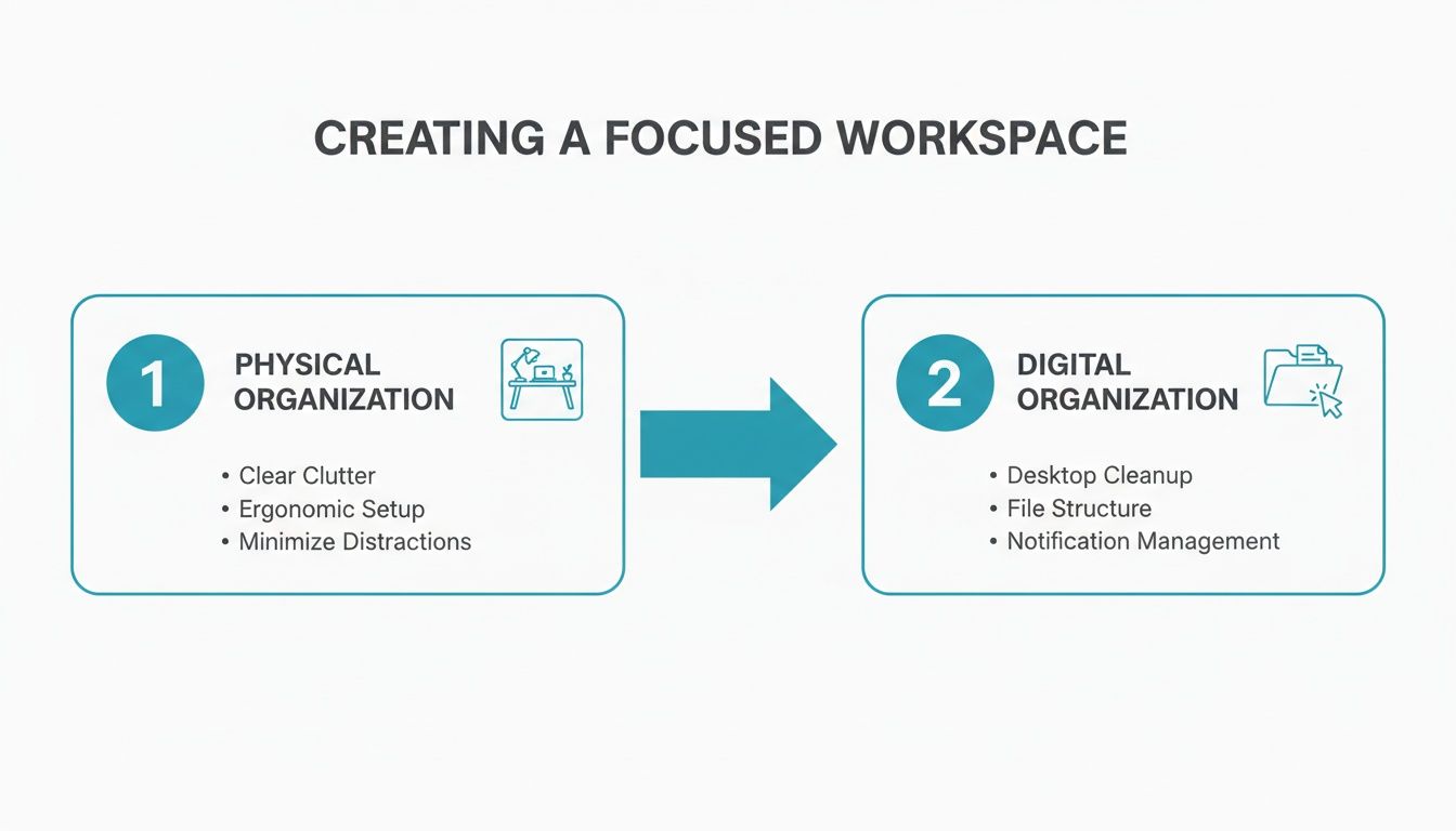 A diagram outlining two steps for creating a focused workspace: physical and digital organization.