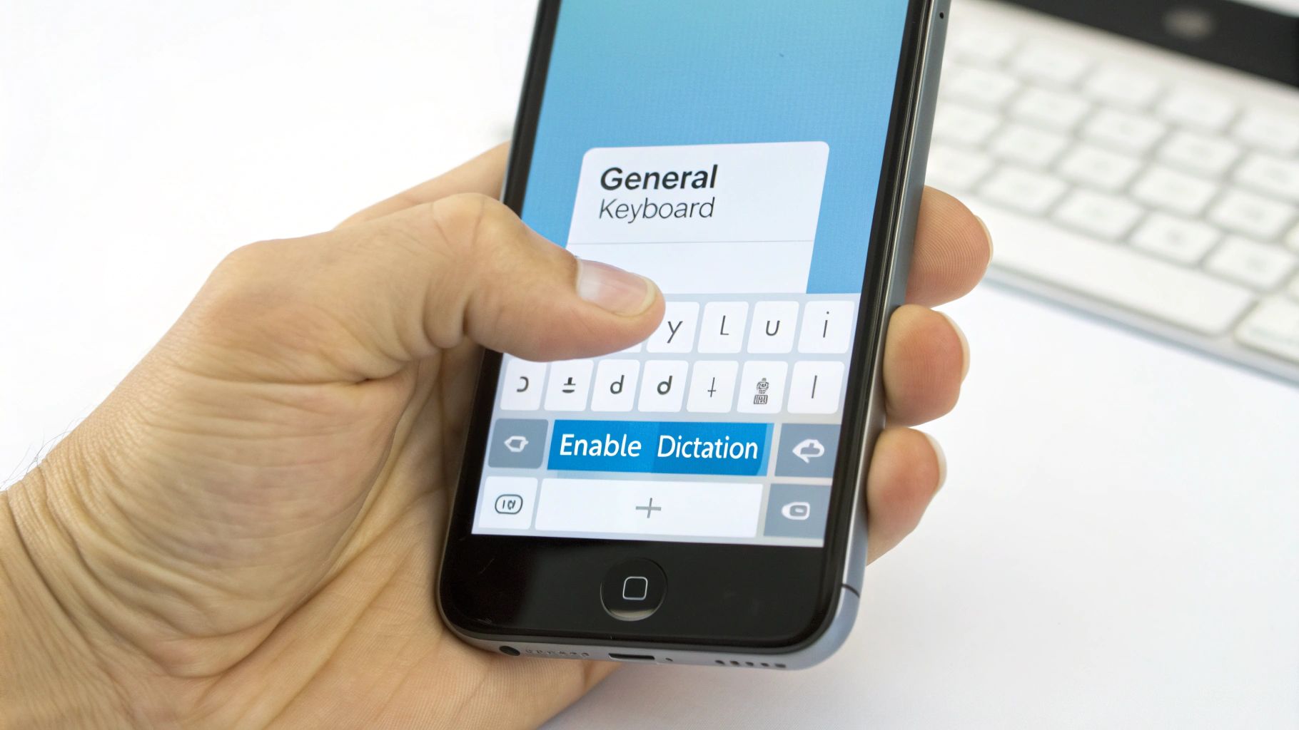 A hand taps an iPhone screen displaying "Enable Dictation" settings, next to a keyboard.
