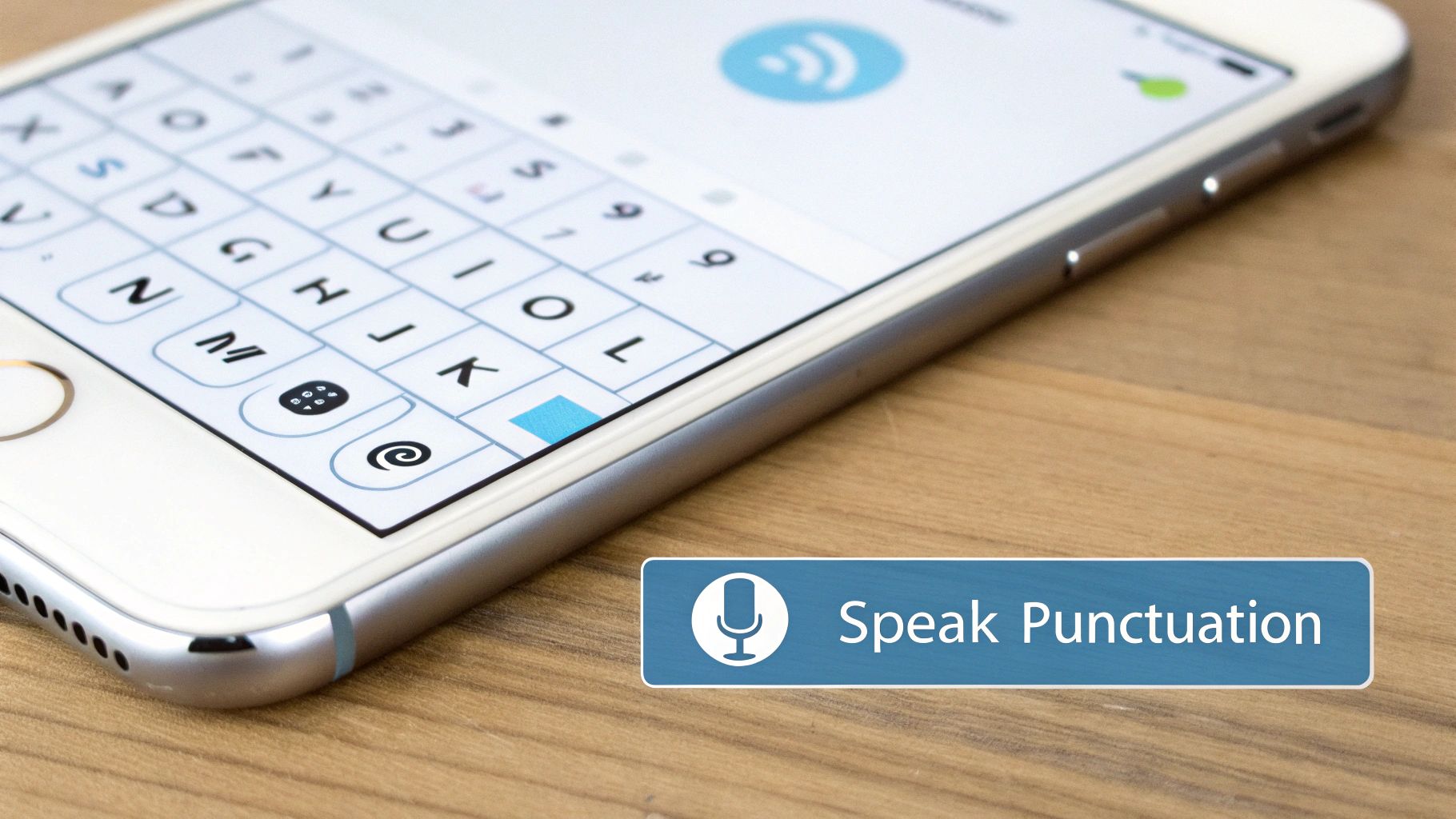 Close-up of an iPhone screen displaying a keyboard and a 'Speak Punctuation' button.
