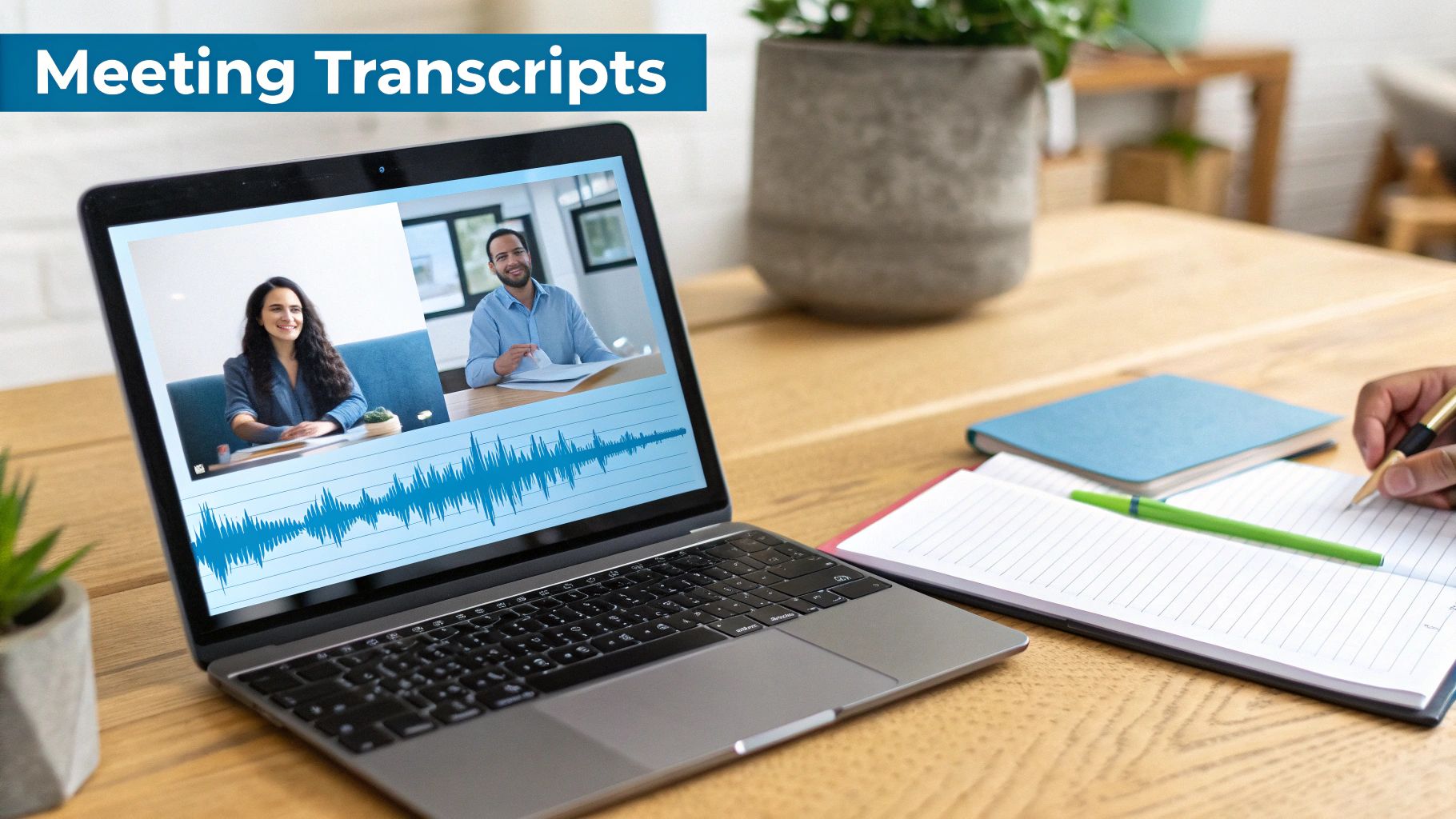 Laptop displaying a video conference with audio waveform, a hand taking notes in a notebook, illustrating meeting transcripts.
