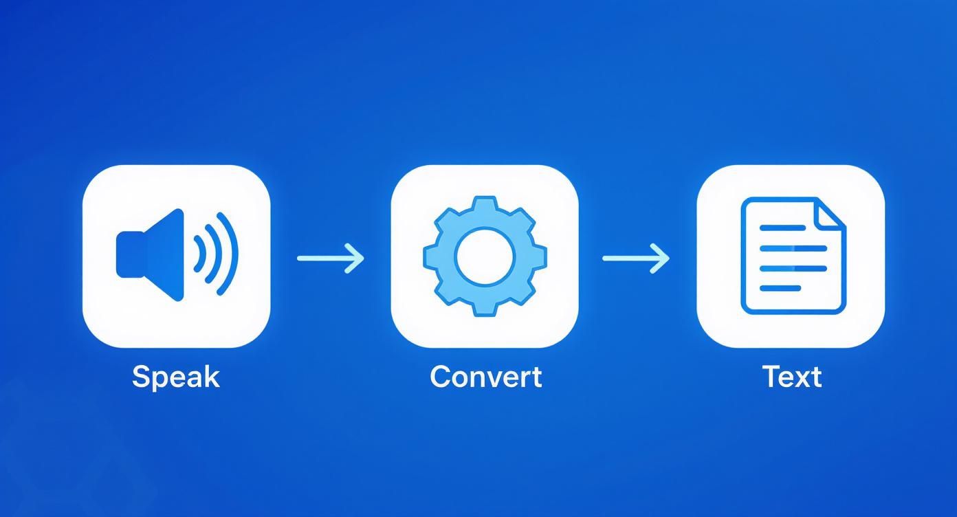 A diagram illustrating the speech to text conversion process with icons and labels: Speak, Convert, Text.