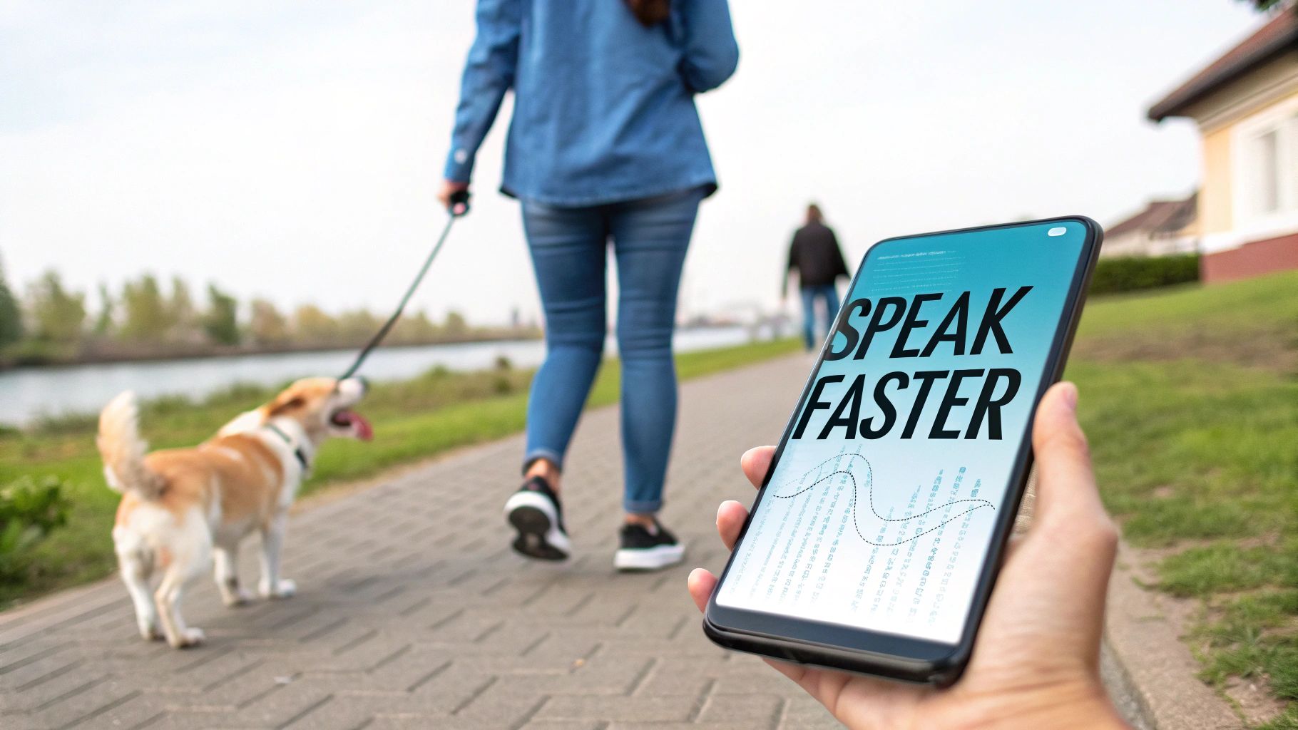 A hand holds a smartphone displaying 'SPEAK FASTER' with a person walking a dog in the blurred background.