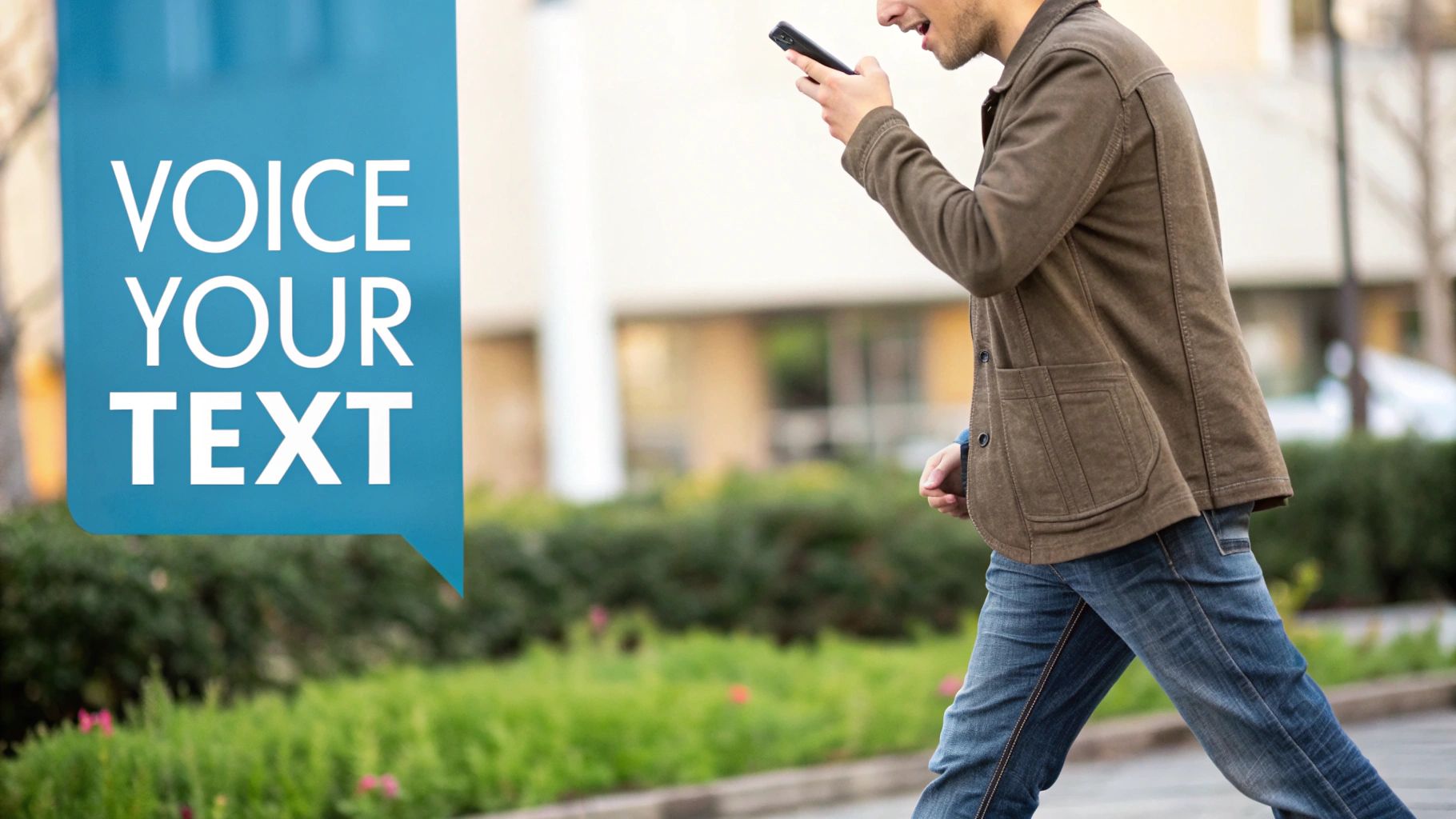 A person speaking into their Android phone, with the voice-to-text feature active in the messaging app.