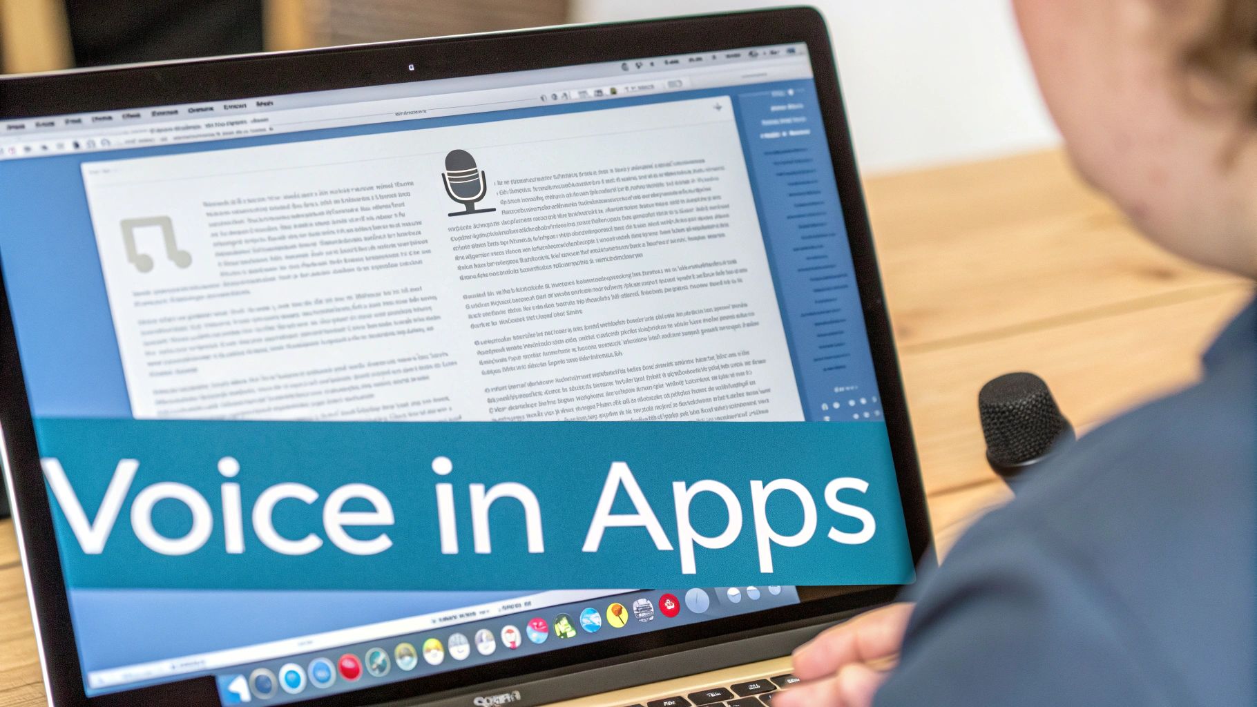 A person using voice typing on their Mac, with app icons like Pages, Mail, and Safari visible.