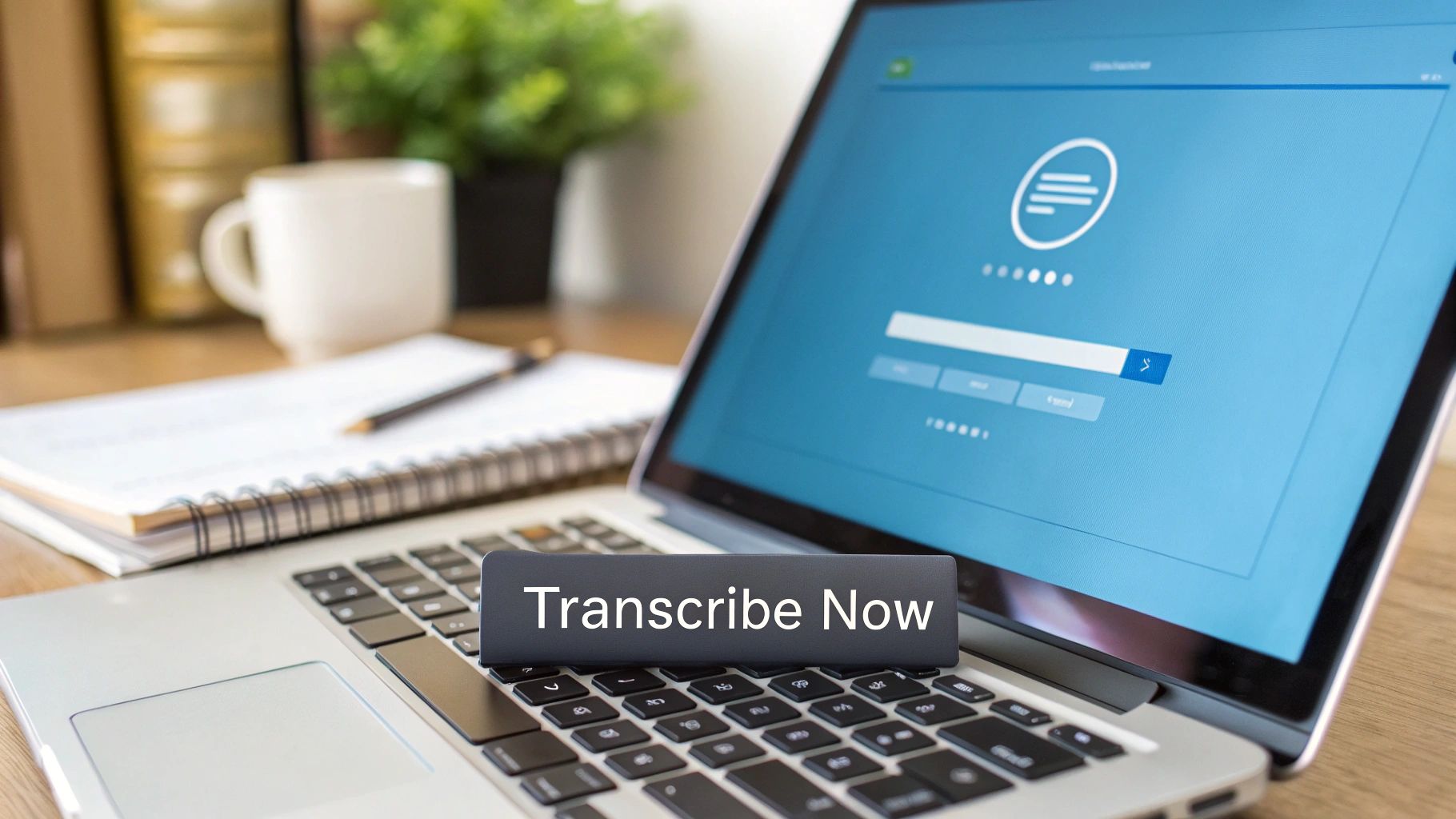 Modern laptop keyboard with a prominent 'Transcribe Now' button and a digital login interface.