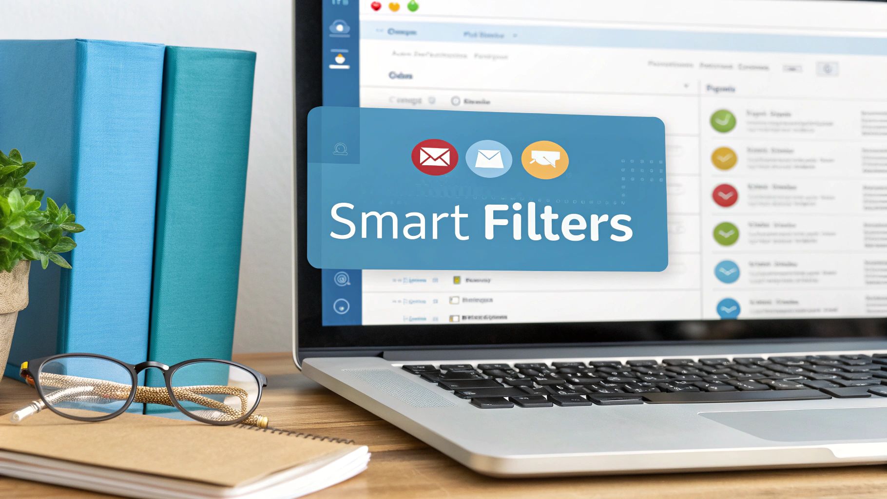 Laptop displaying "Smart Filters" for email organization, with books, a plant, and glasses on a wooden desk.