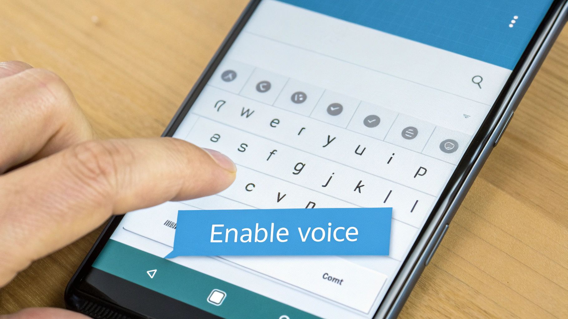 A finger taps a smartphone screen displaying a keyboard and an "Enable voice" pop-up.