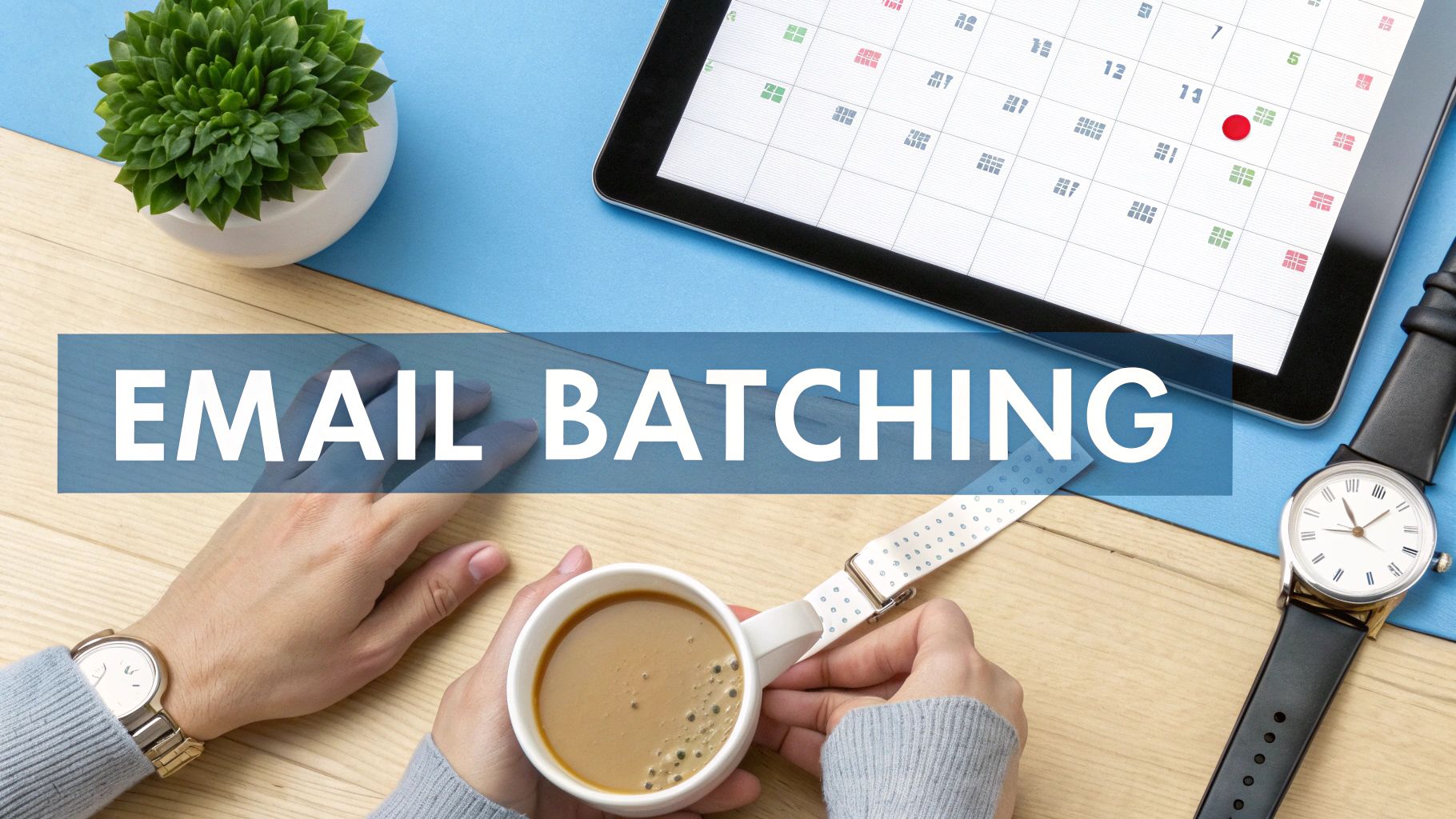 Desk flat lay showing hands with coffee, watches, a plant, and a tablet, with 'EMAIL BATCHING' text.