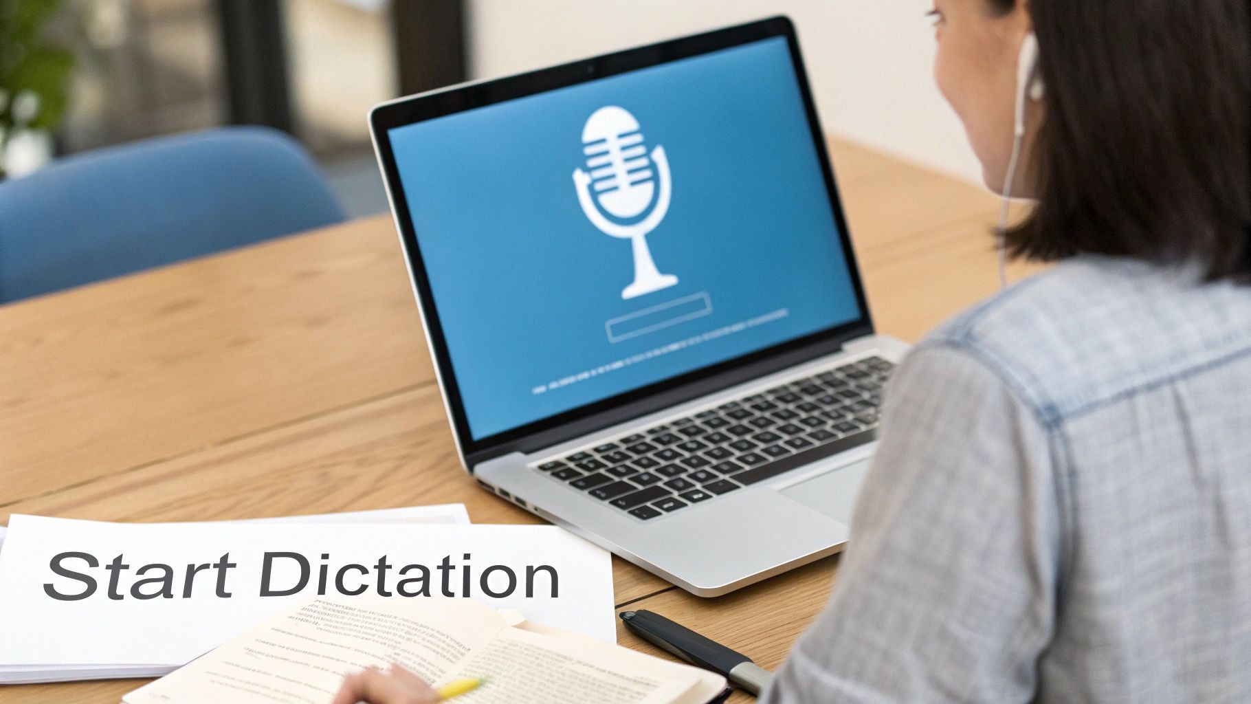 A person using speech to text on their MacBook in a bright, modern workspace.