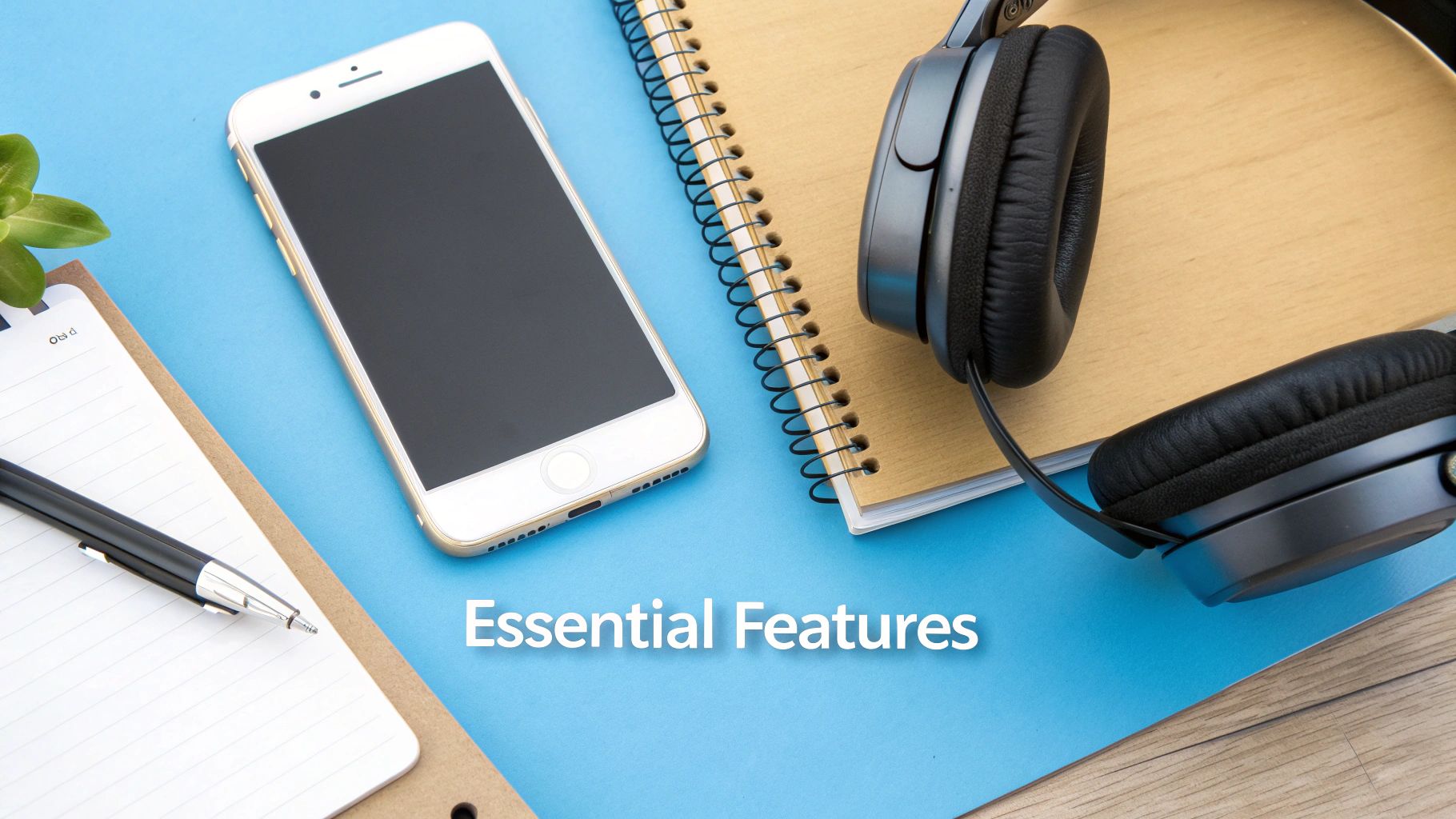 A flat lay of a white smartphone, headphones, and notebooks on a blue and wooden desk, showing essential features.